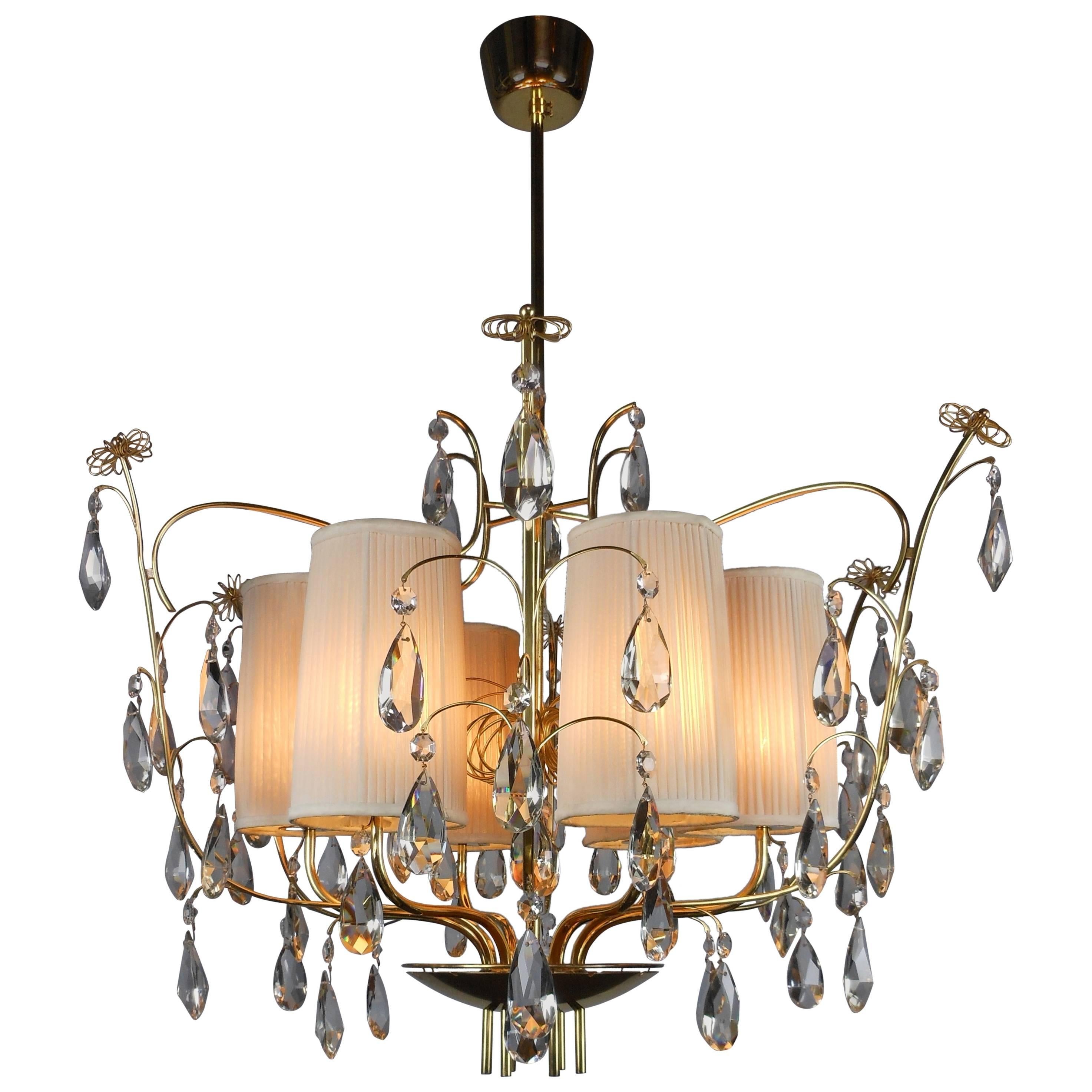 Paavo Tynell, Rare and Large Brass and Crystal Six Light Chandelier  For Sale