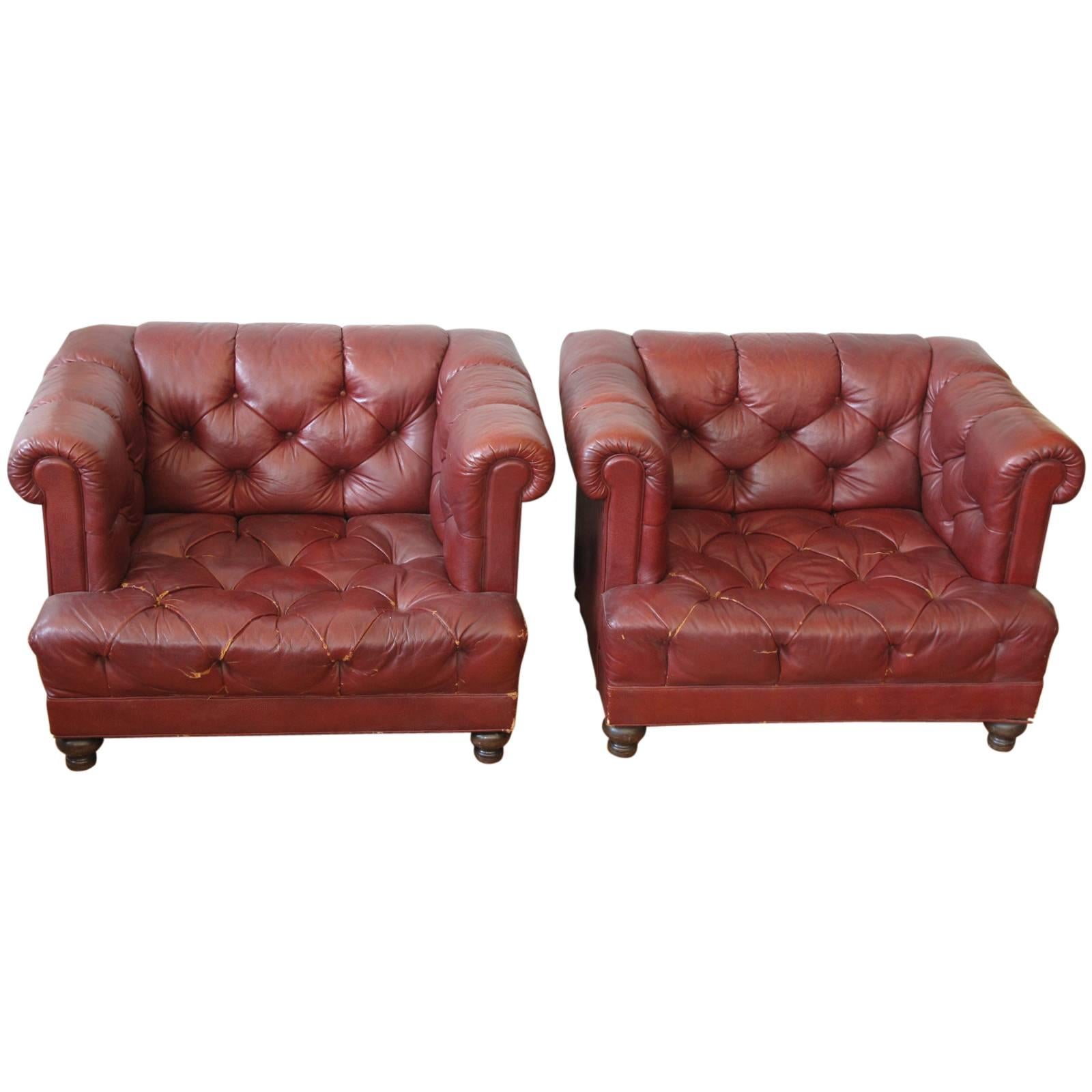 Matched Pair of Oxblood Chesterfield Club Chairs