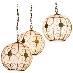 Exquisite Three-Light Chandelier by Murano with Brass and Handblown Milk Glass