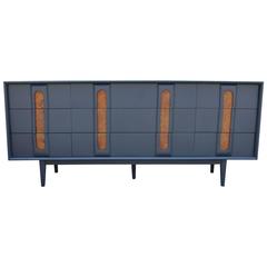Retro Sculptural Blue Grey Stained Dresser with Burl Accents