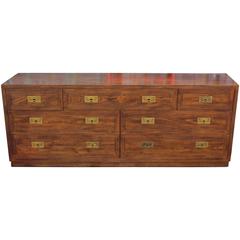 Walnut Campaign Style Modern Dresser with Polished Brass Hardware