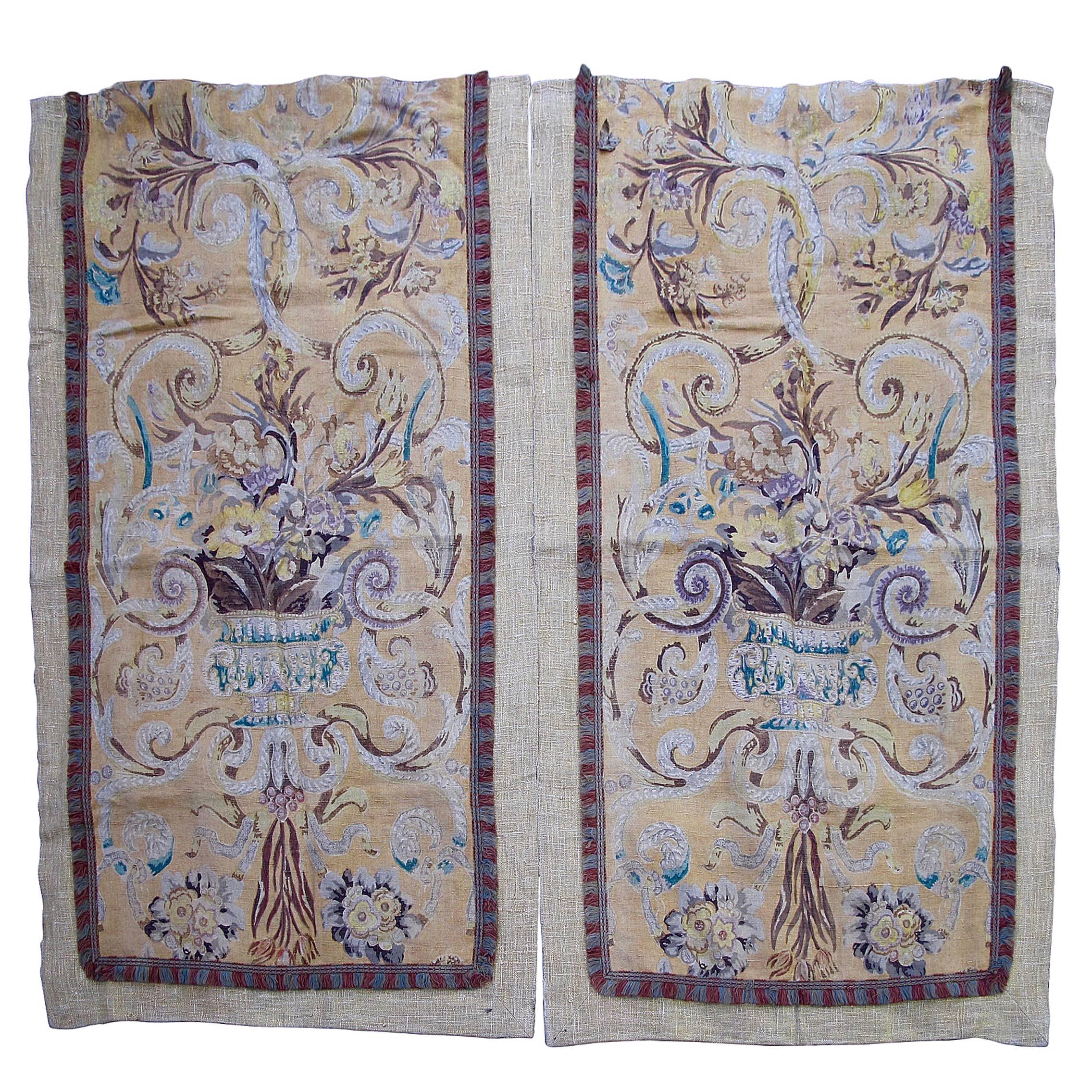 Rare Pair of English Hand Block Printed Linen Panels