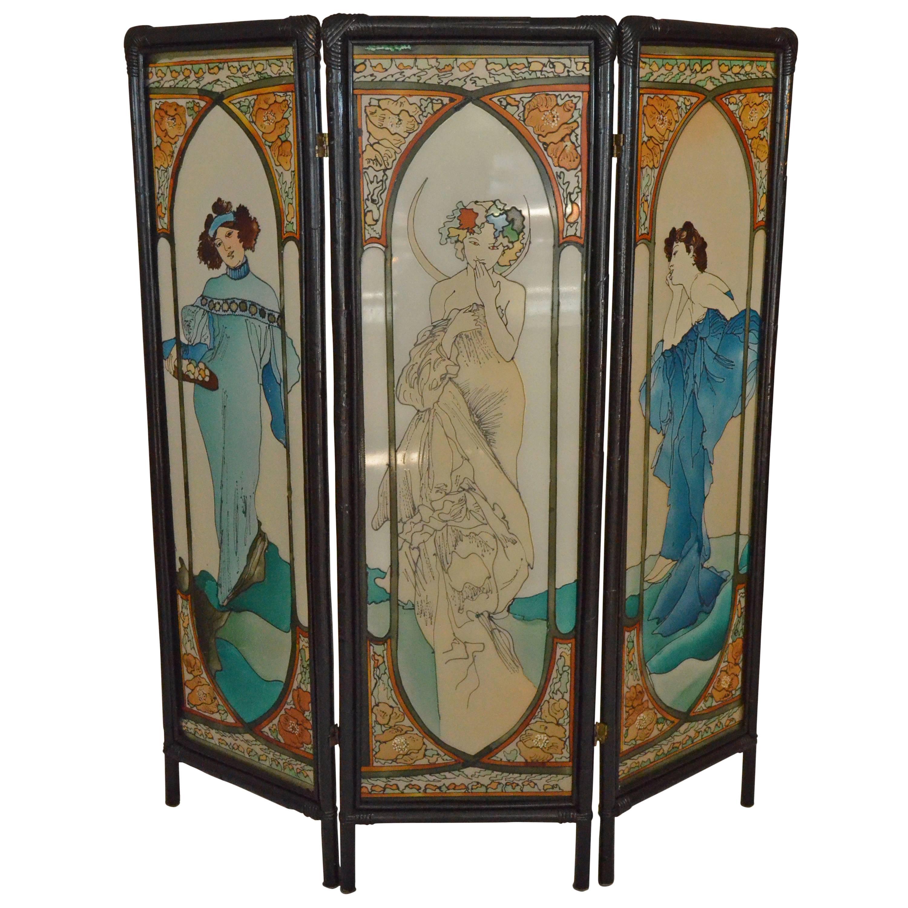 Paravent Art Nouveau, début du 20e siècle, verre peint style Mucha
