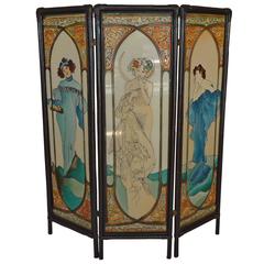 Antique Art Nouveau Screen, Early 20th Century, painted glass style of Mucha