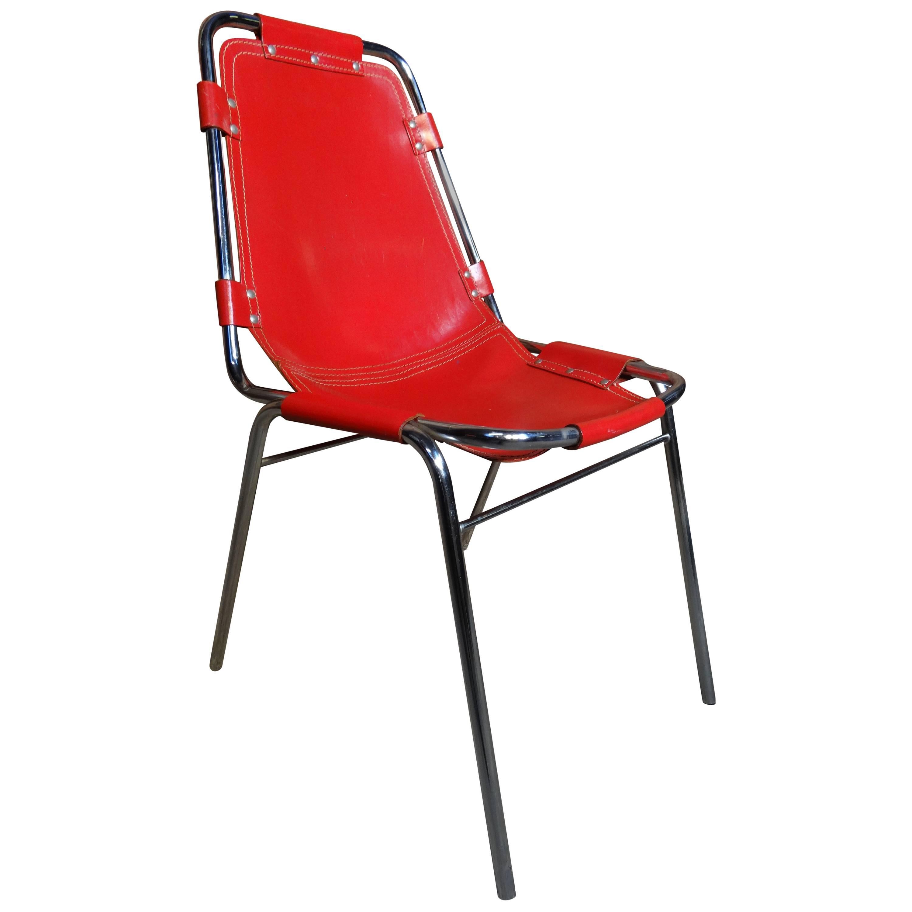 Mid-Century Modern 1960 Red Leather Perriand Chairs for Les Arcs, 1960