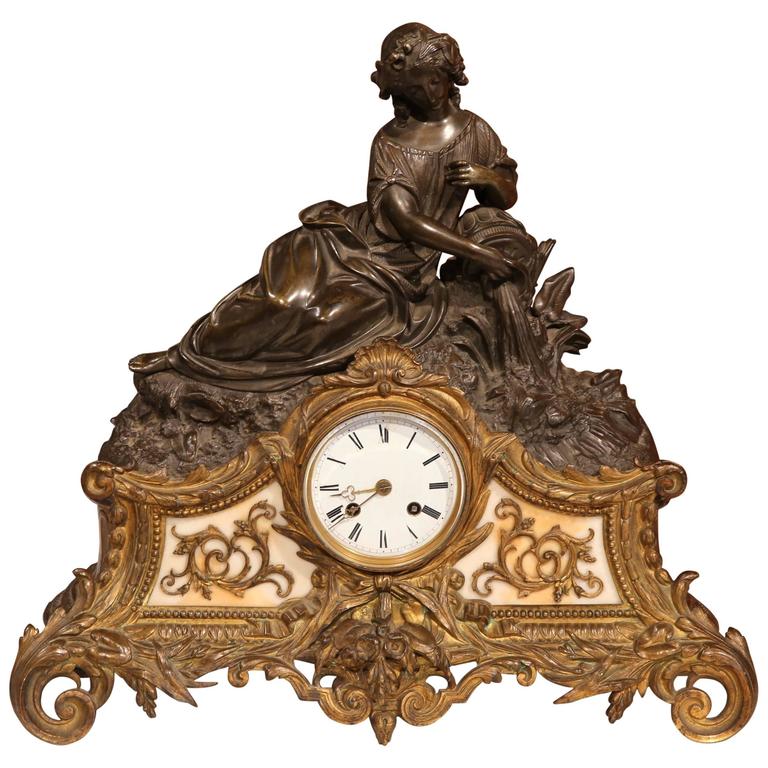 19th Century French Bronze and Marble Mantel Clock with Woman Figure