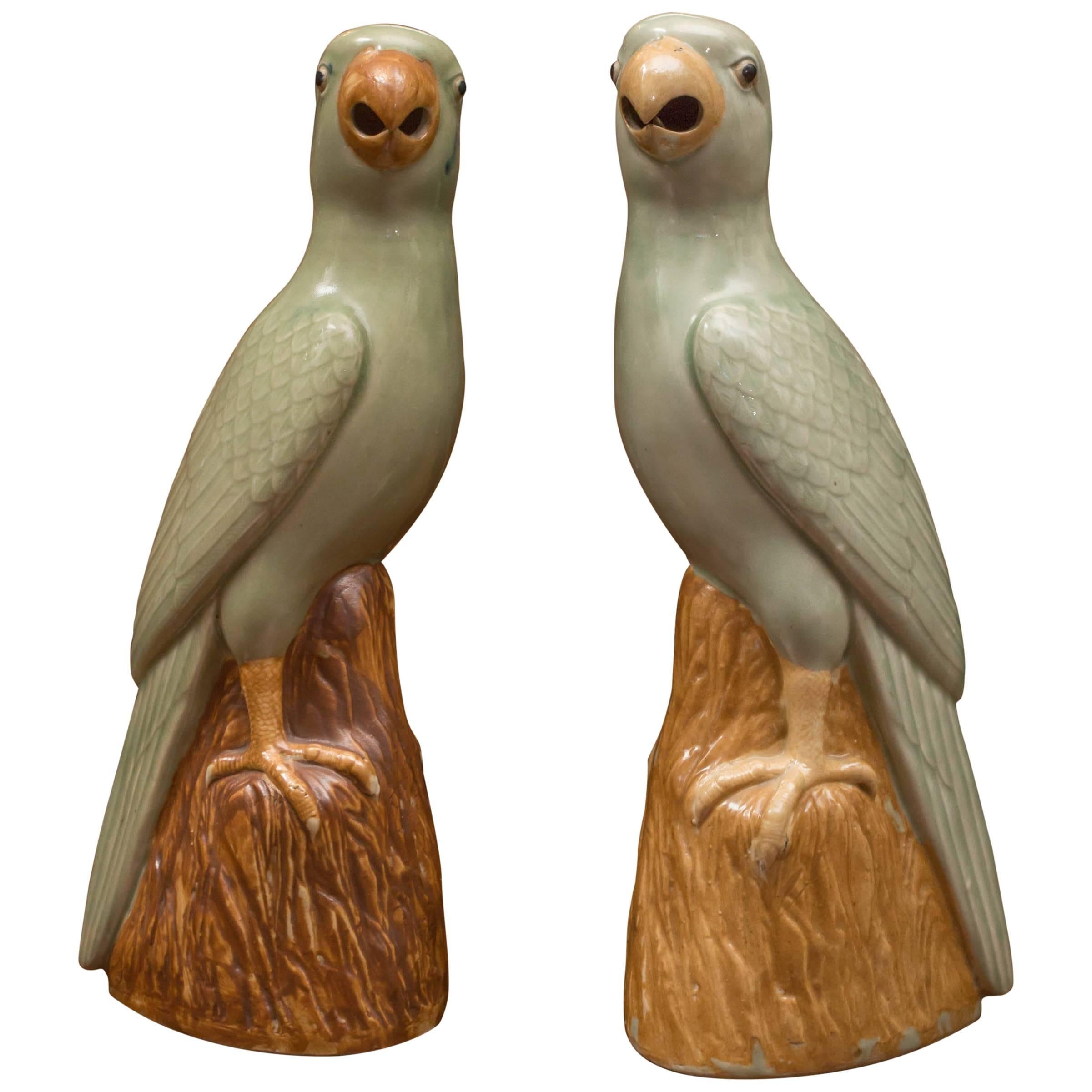 Pair of Chinese Porcelain Celadon and Brown Glaze Parrots, circa 1920