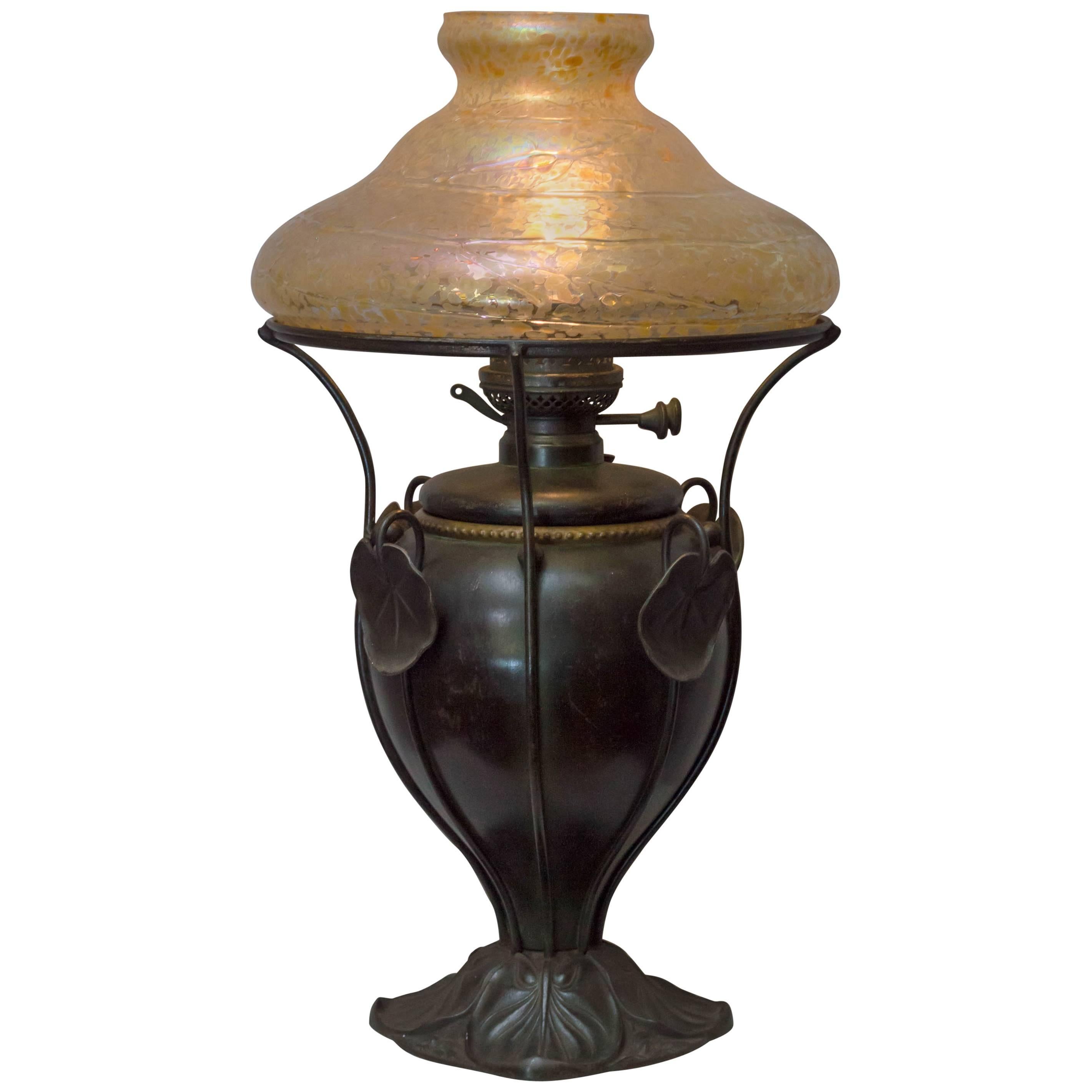 Art Nouveau Bradley & Hubbard Kerosene Lamp with Handblown Shade