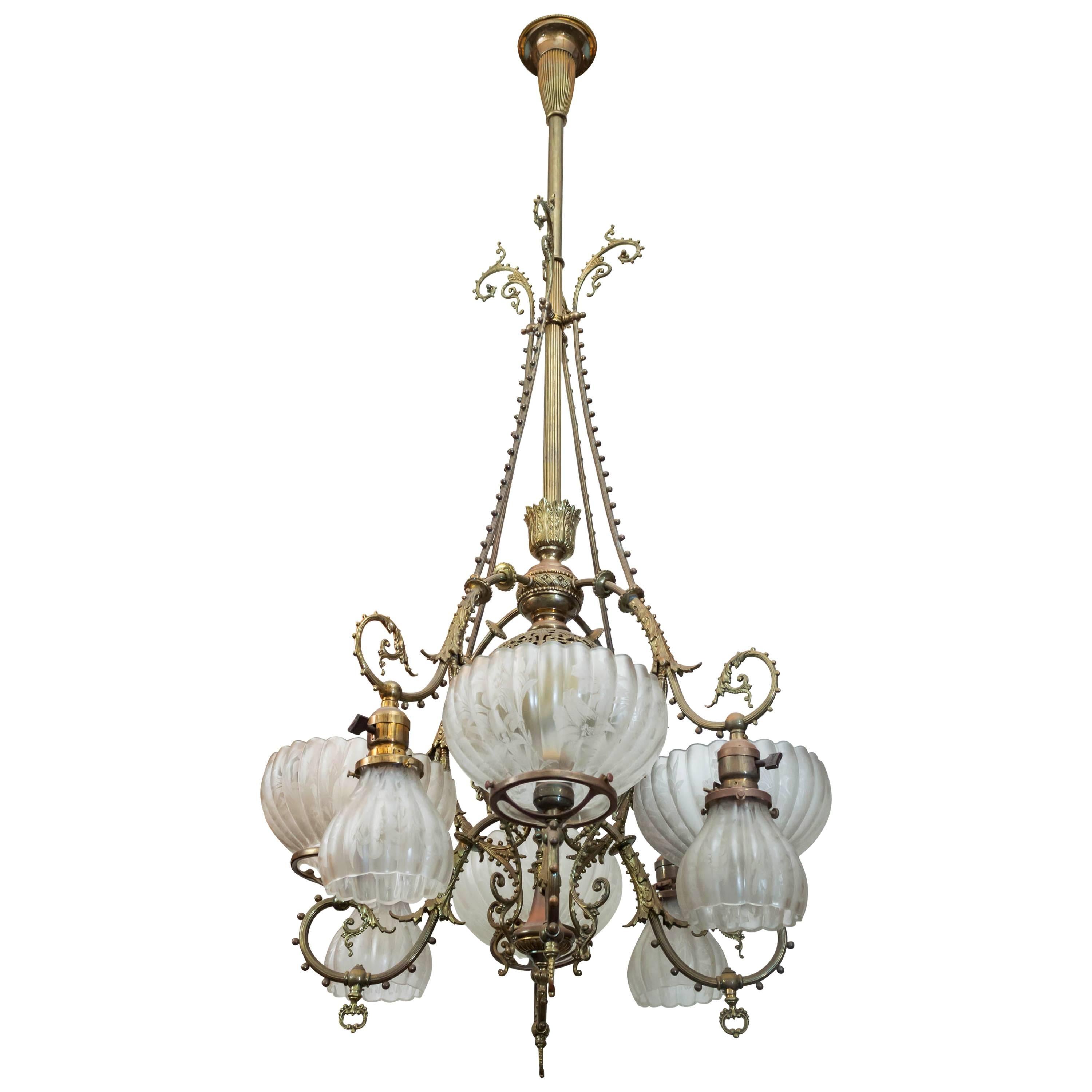 Late Victorian Aesthetic Eight-Arm Gas and Electric Chandelier