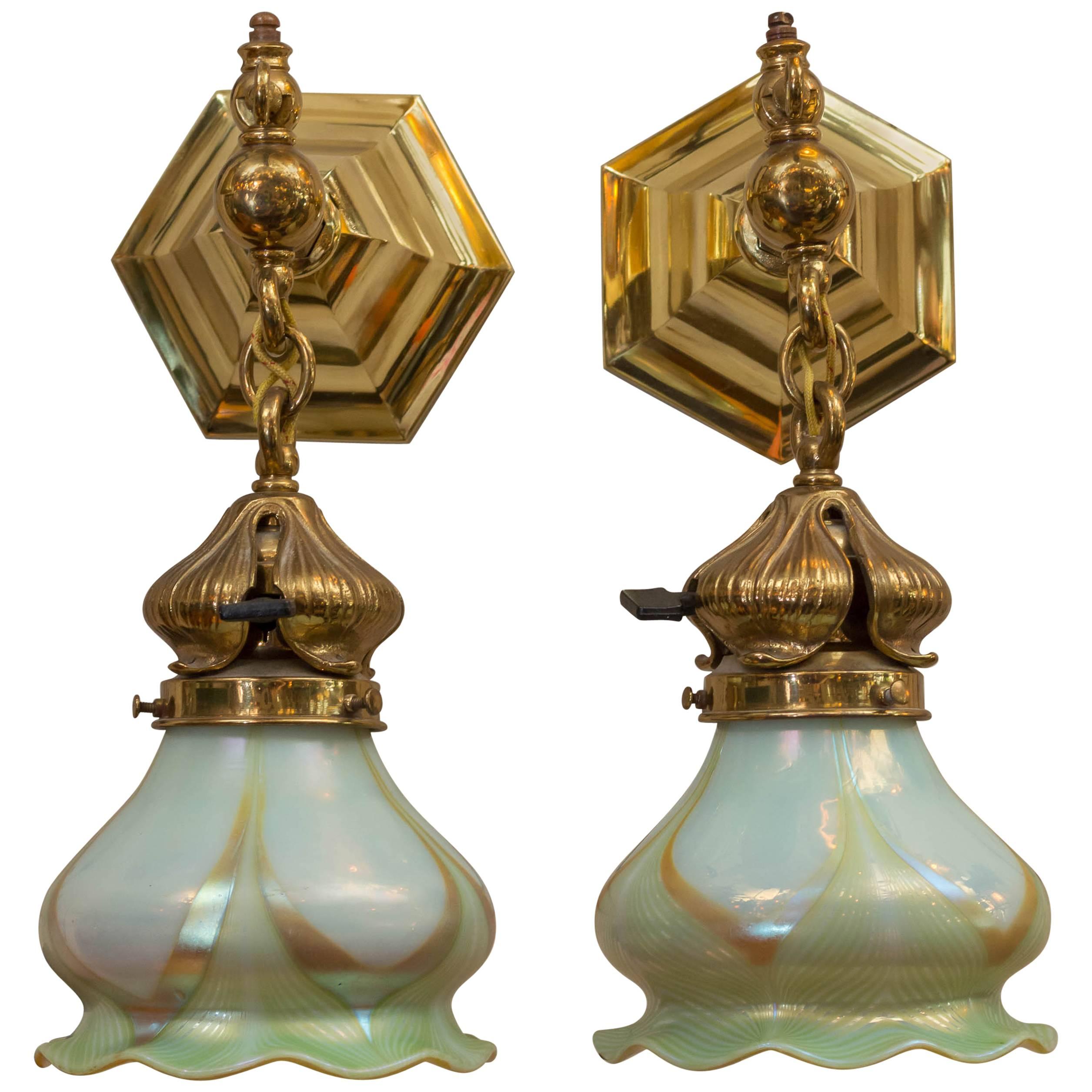Pair of Art Nouveau Sconces with Pulled Feather Art Glass Shades