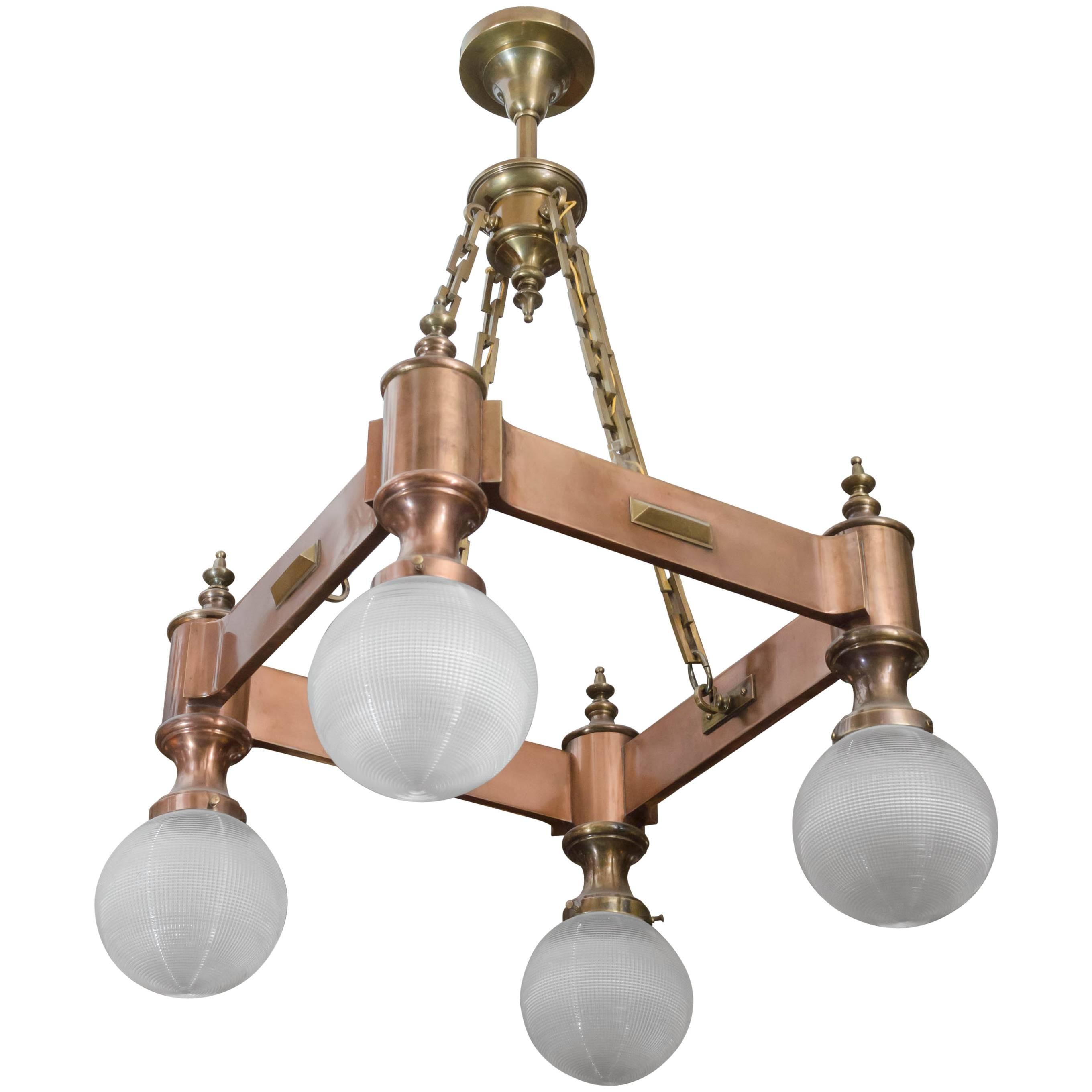 Unusual Four Arm Arts & Crafts Chandelier with Four Holophane Glass Shades
