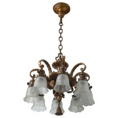 Eight-Arm Bronze Chandelier with Eight Original Frosted and Etched Glass Shades