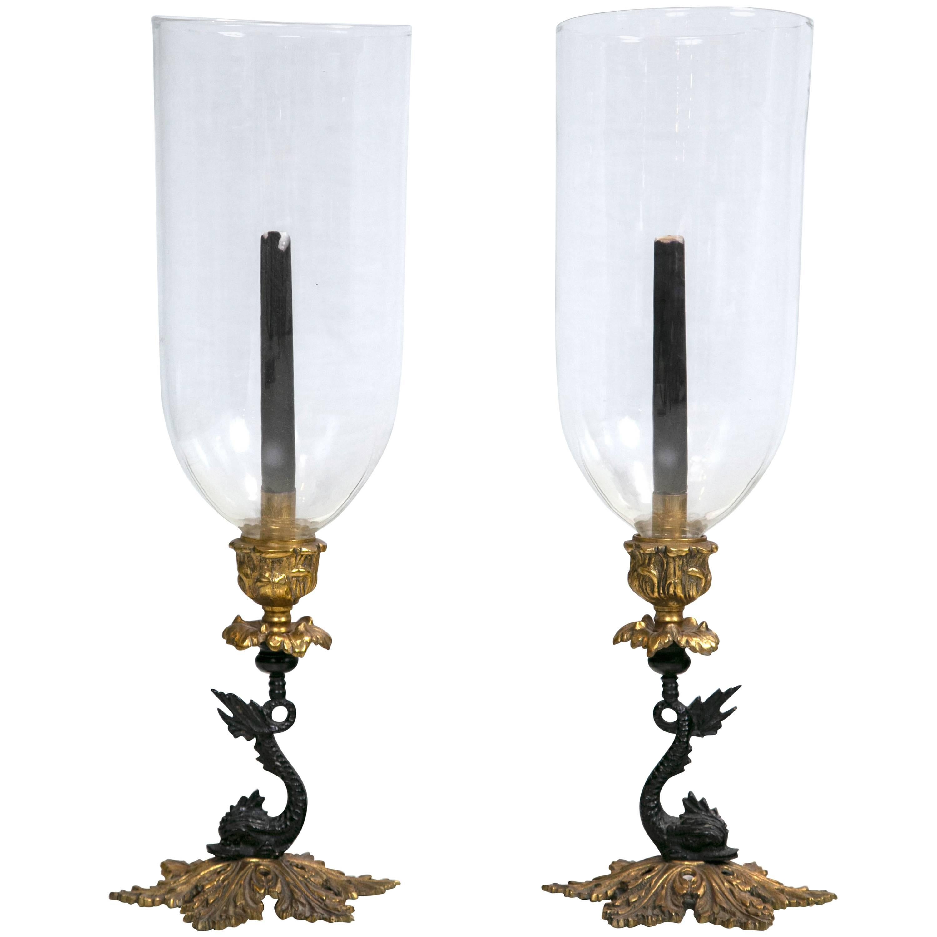 Pair of Brass Dolphin Candlesticks with Globes
