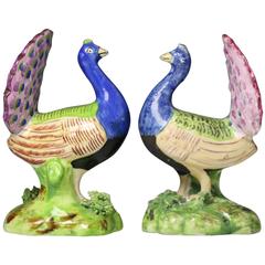 Two Antique Staffordshire Pearlware Pottery Figures of Peacocks