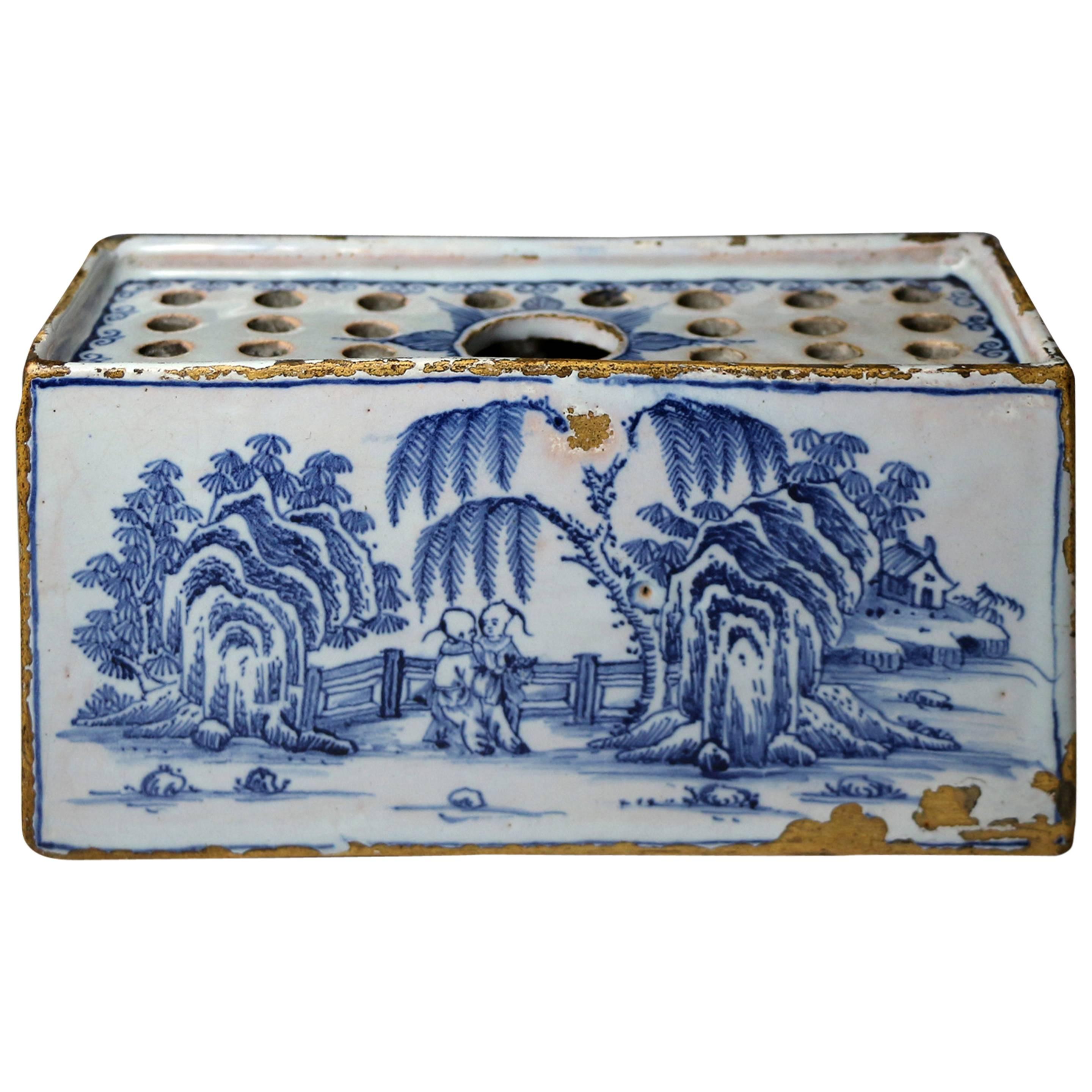Antique Mid-18th Century English Delftware Flower Brick of Good Size For Sale