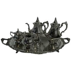 Wallace Silver Baroque Silver Plate Five-Piece Teapot, Coffeepot, Tray Set