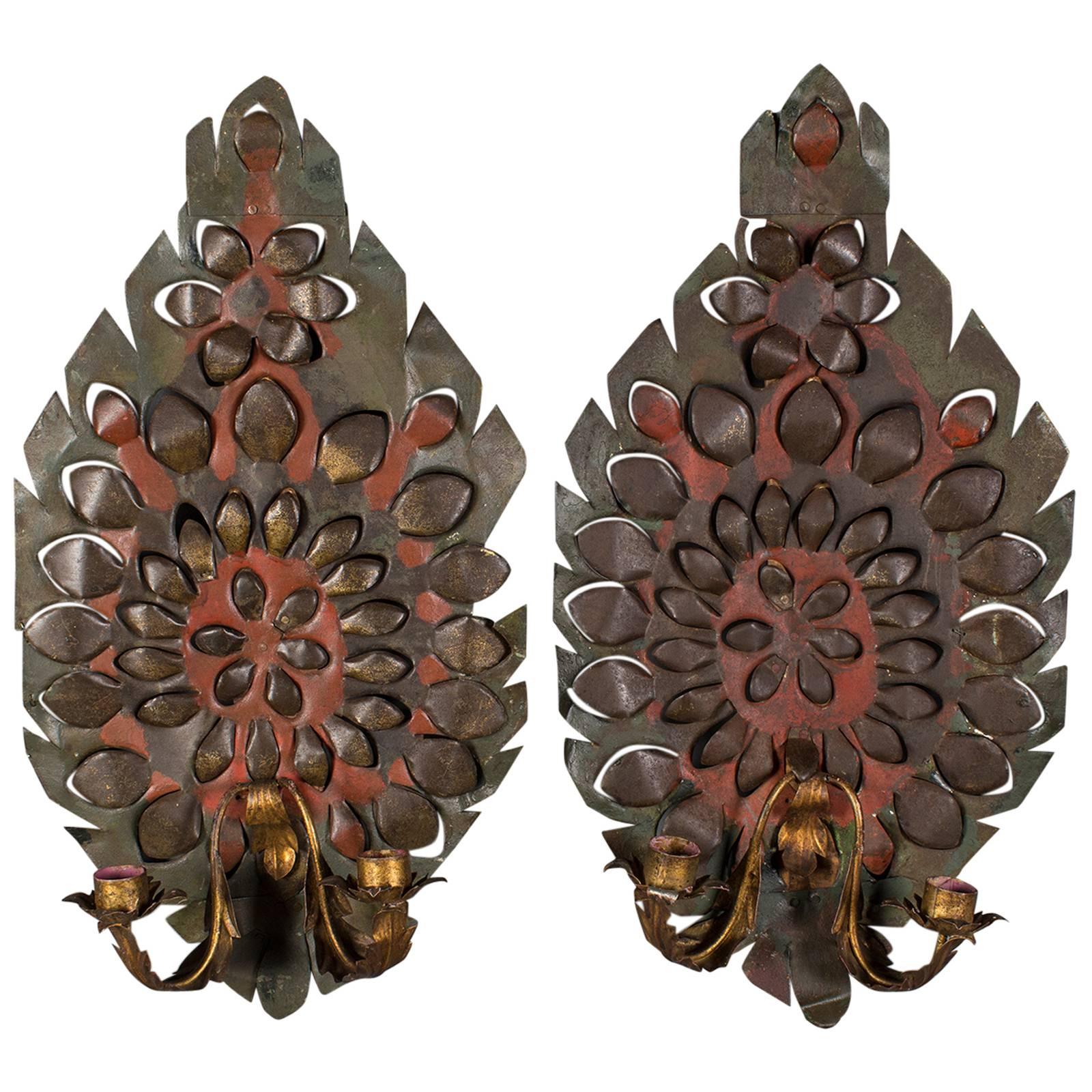 Pair of Antique French Tole Two Arm Sconces, circa 1880