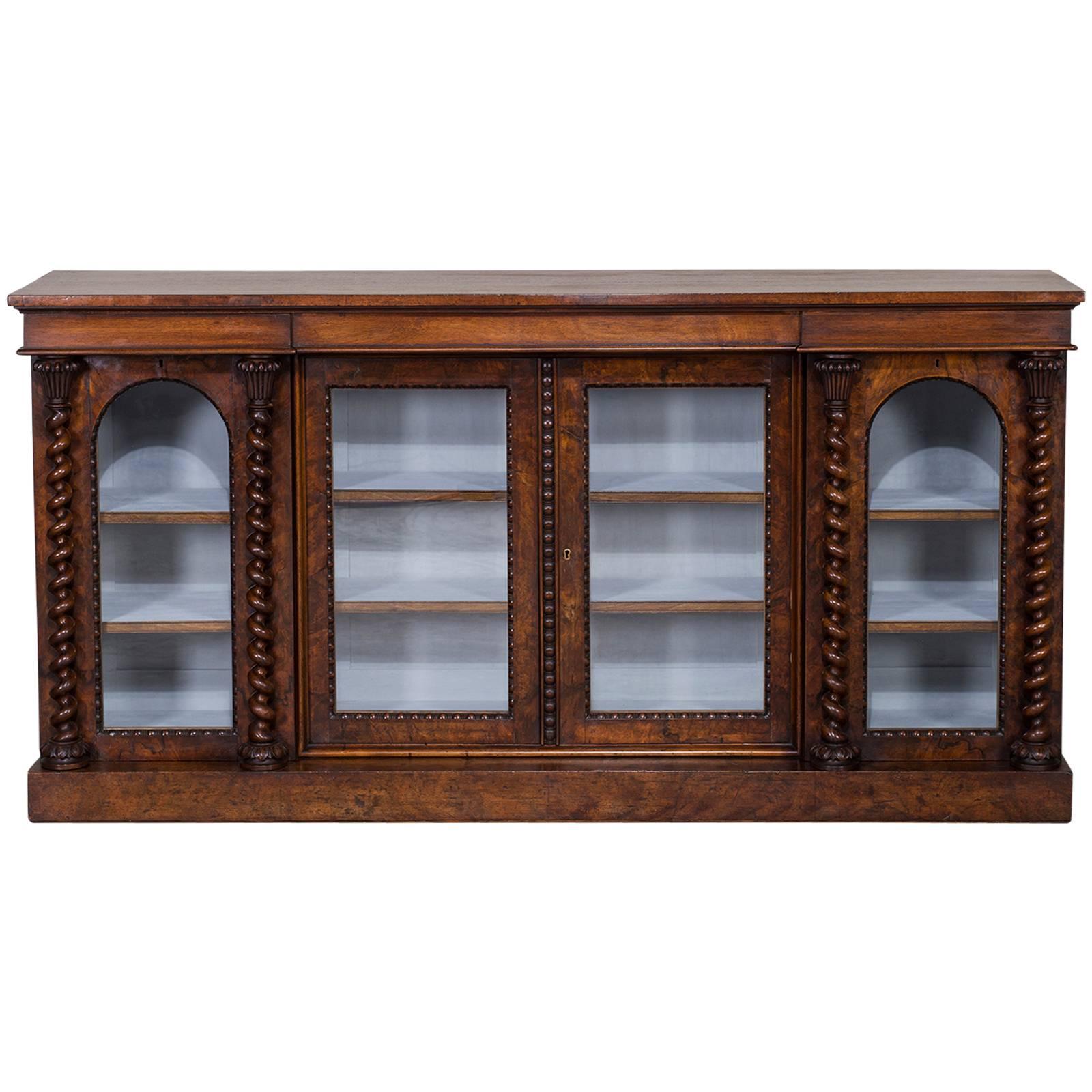 Antique English Walnut Mahogany Display Cabinet Bookcase, circa 1850