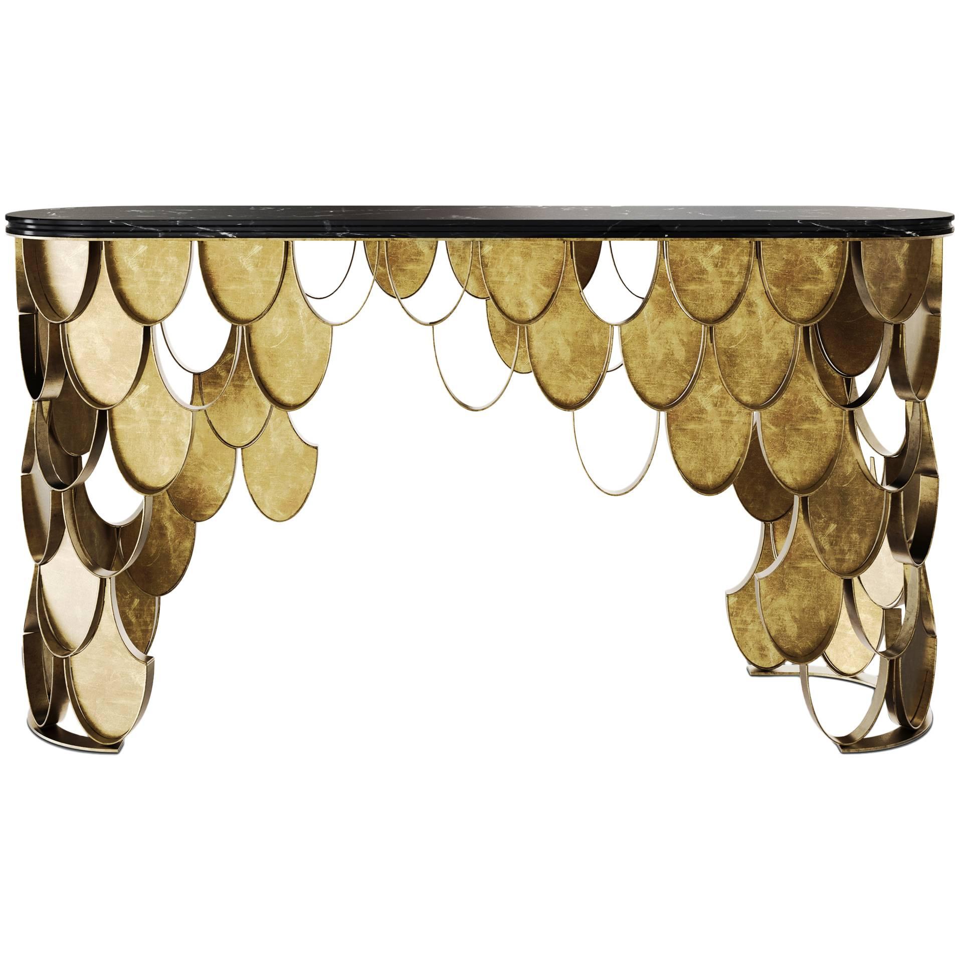 Carpus Console in Brushed Aged Brass with Nero Marble Top For Sale