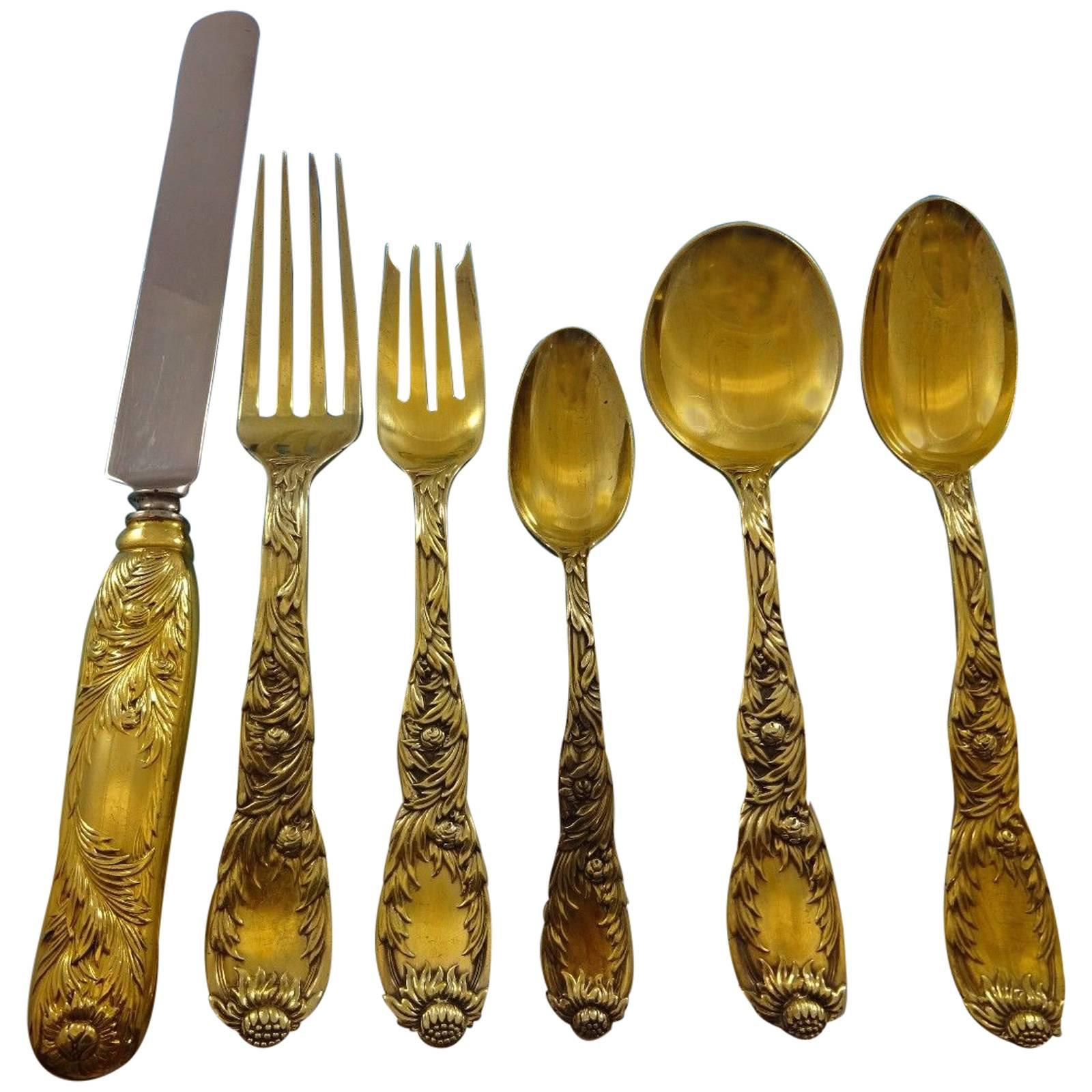 Chrysanthemum Vermeil by Tiffany Sterling Silver Flatware Set Service 49 Pieces