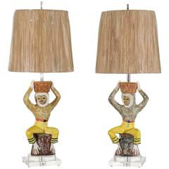 Captivating Pair of Retro Hand-Painted Ceramic Monkeys as Custom Lamps