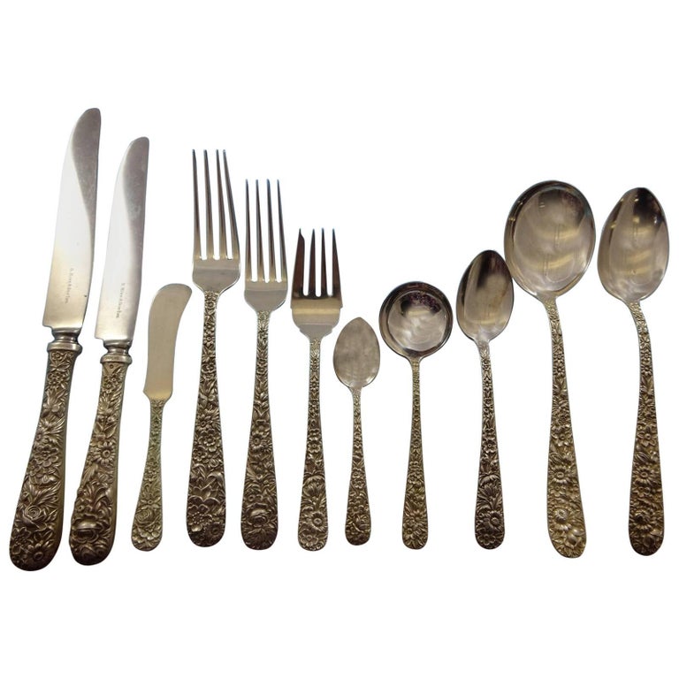 Repousse by Kirk Sterling Silver Flatware Service for 12 Set 143 Pcs Dinner Size For Sale