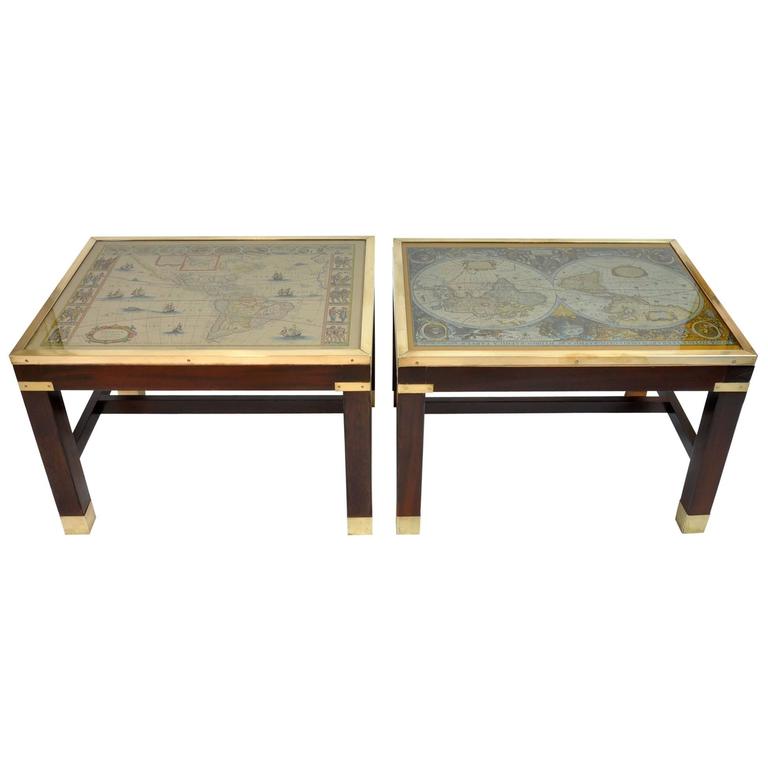 Pair of Vintage Campaign Style End Tables with Maps Under Glass at 1stDibs