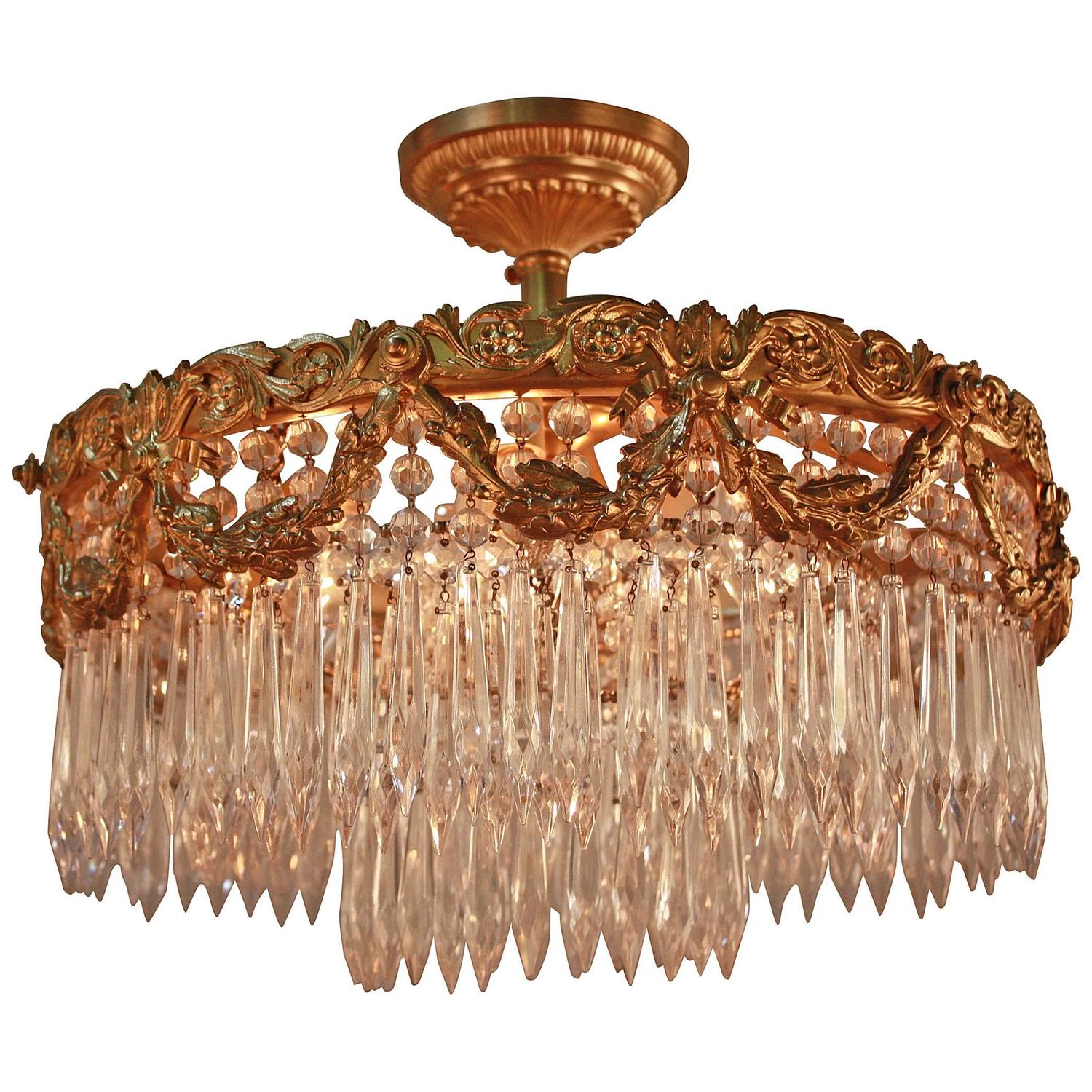 Semi Flush Mount Crystal and Bronze Chandelier For Sale at 1stdibs