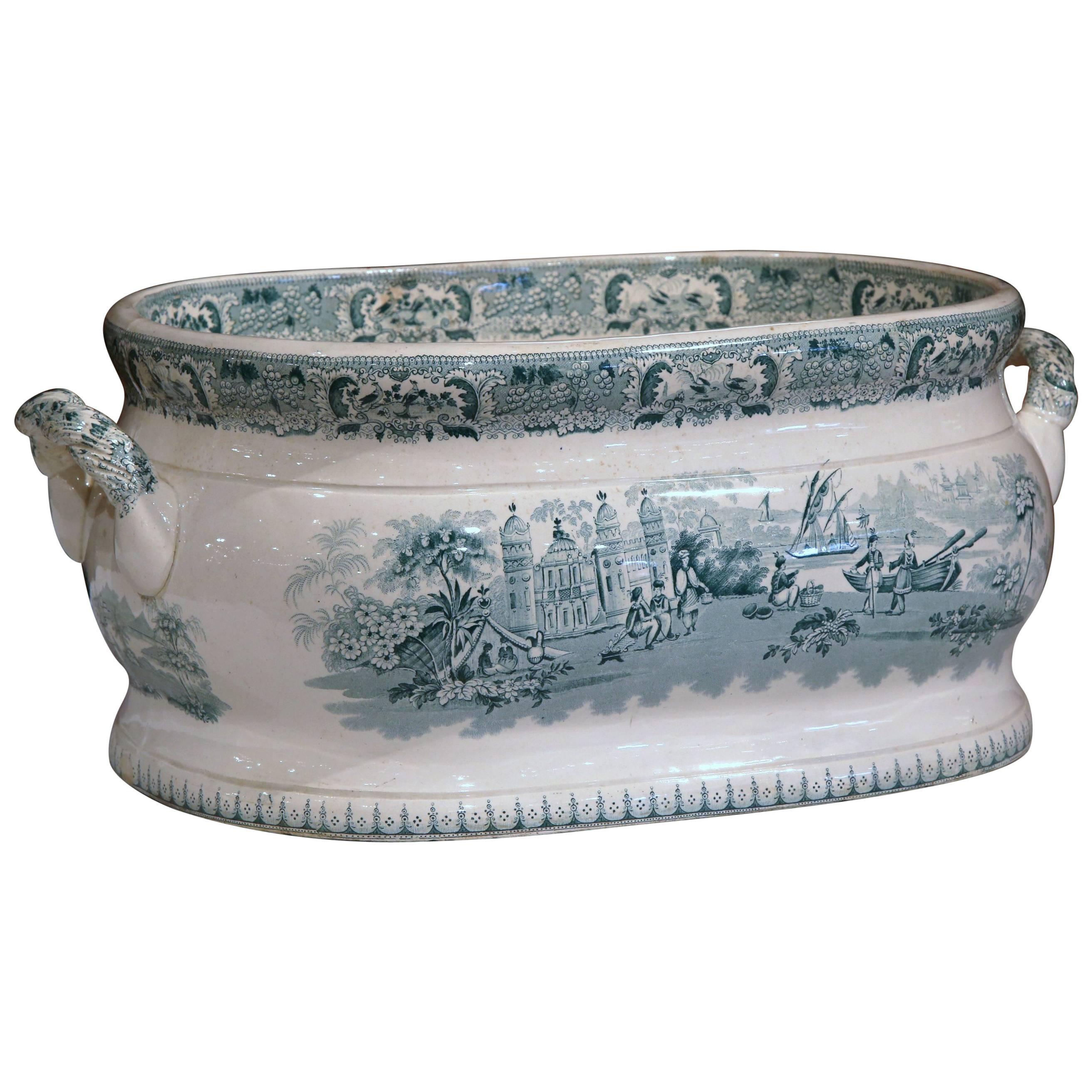 Large 19th Century English Painted White and Green Jardiniere with Garden Scenes