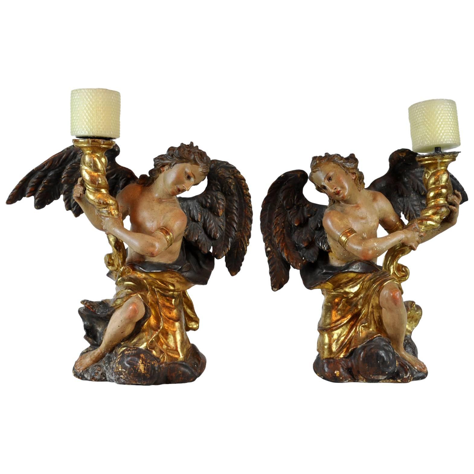 Pair of Italian Late 18th Century Carved Wood Putti / Angels Candleholders