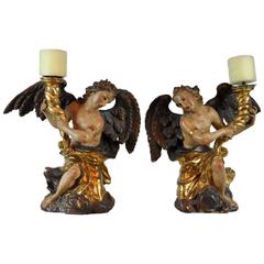 Antique Pair of Italian Late 18th Century Carved Wood Putti / Angels Candleholders