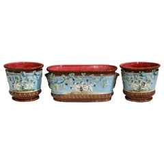 19th Century French Painted Barbotine Jardinière and Two Cachepots, 3 Pieces