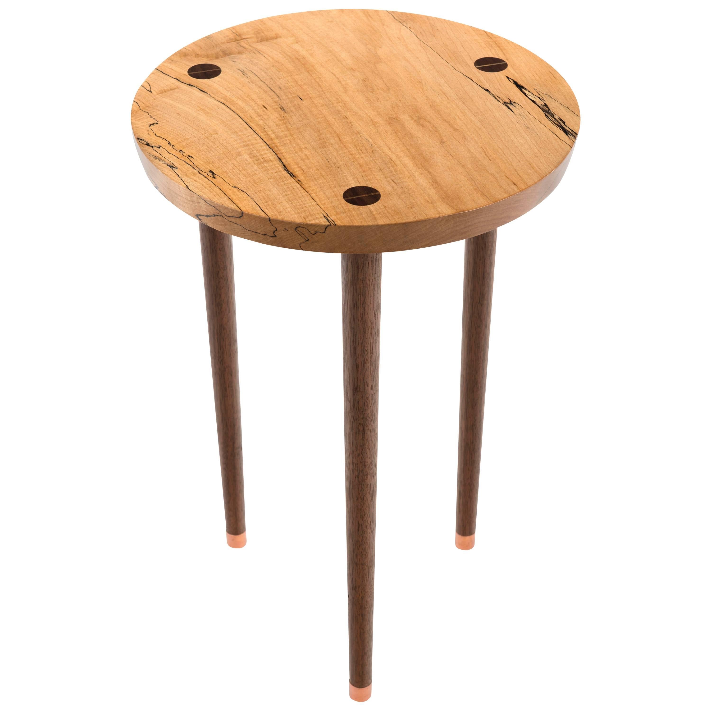 Prime Tea Table in Curly, Spalted Maple with Turned Walnut Legs Capped in Copper For Sale
