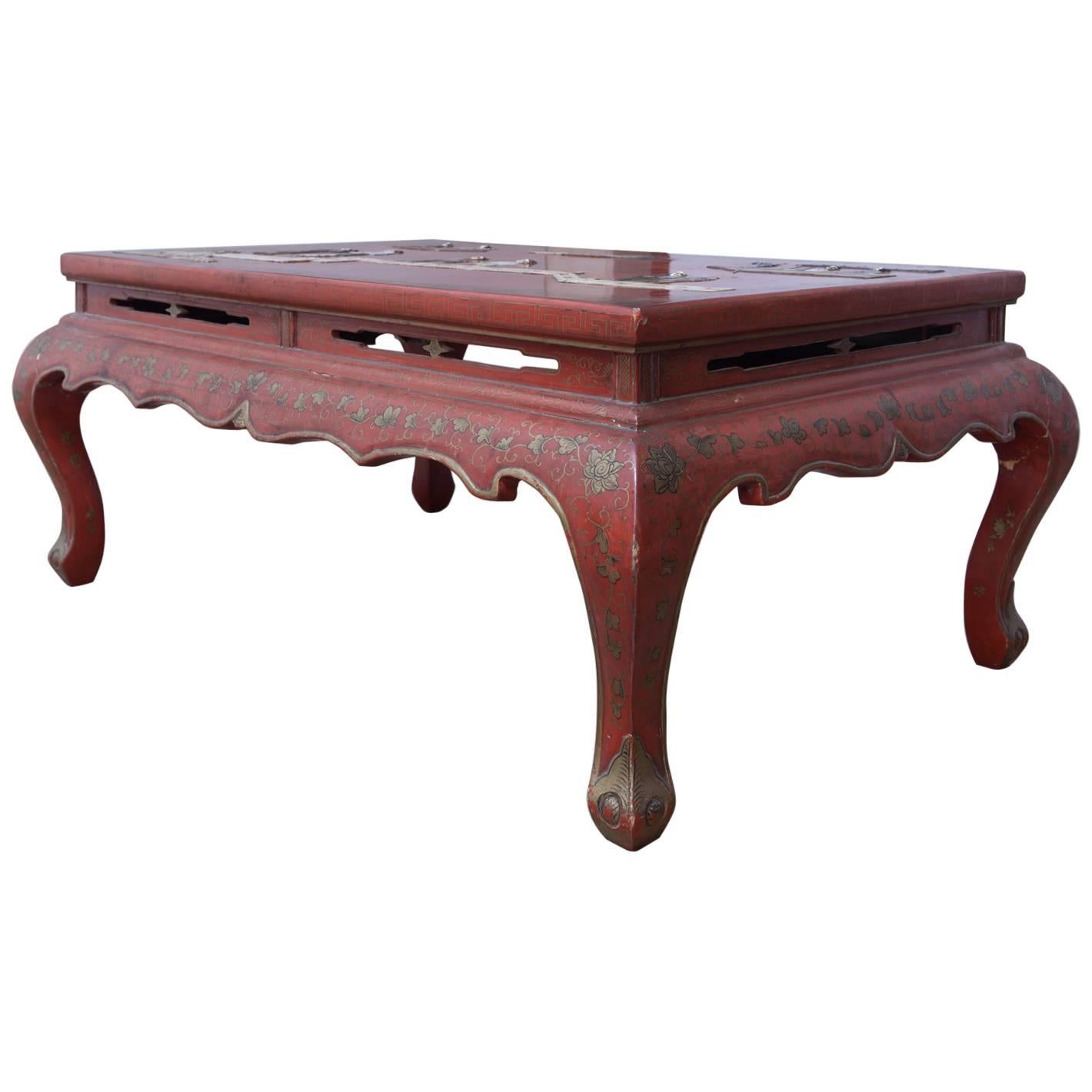 Chinese Red Lacquer Hard Stone Kang Coffee Table