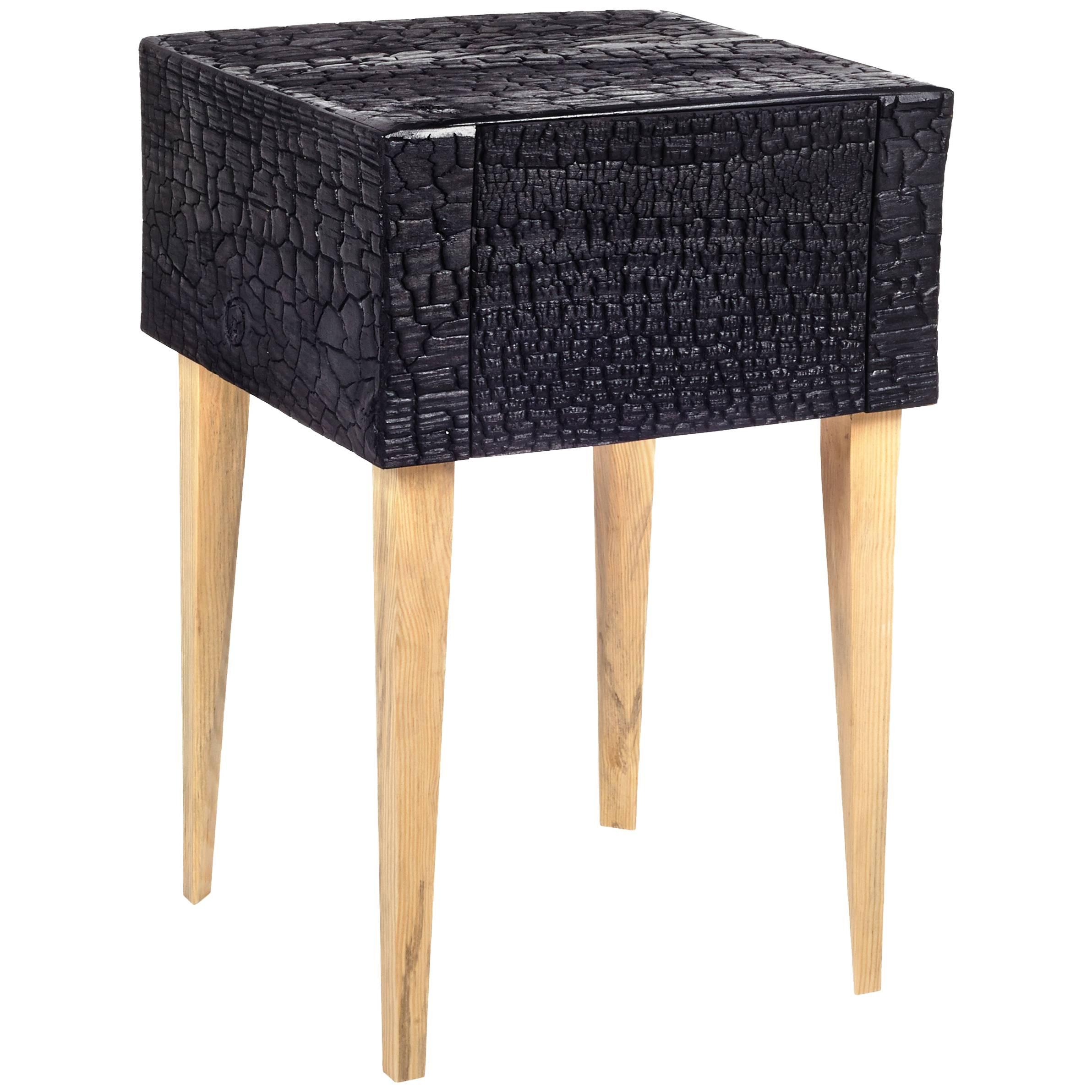 Charred End Table in Loblolly Pine with Single Drawer and Triangular Legs