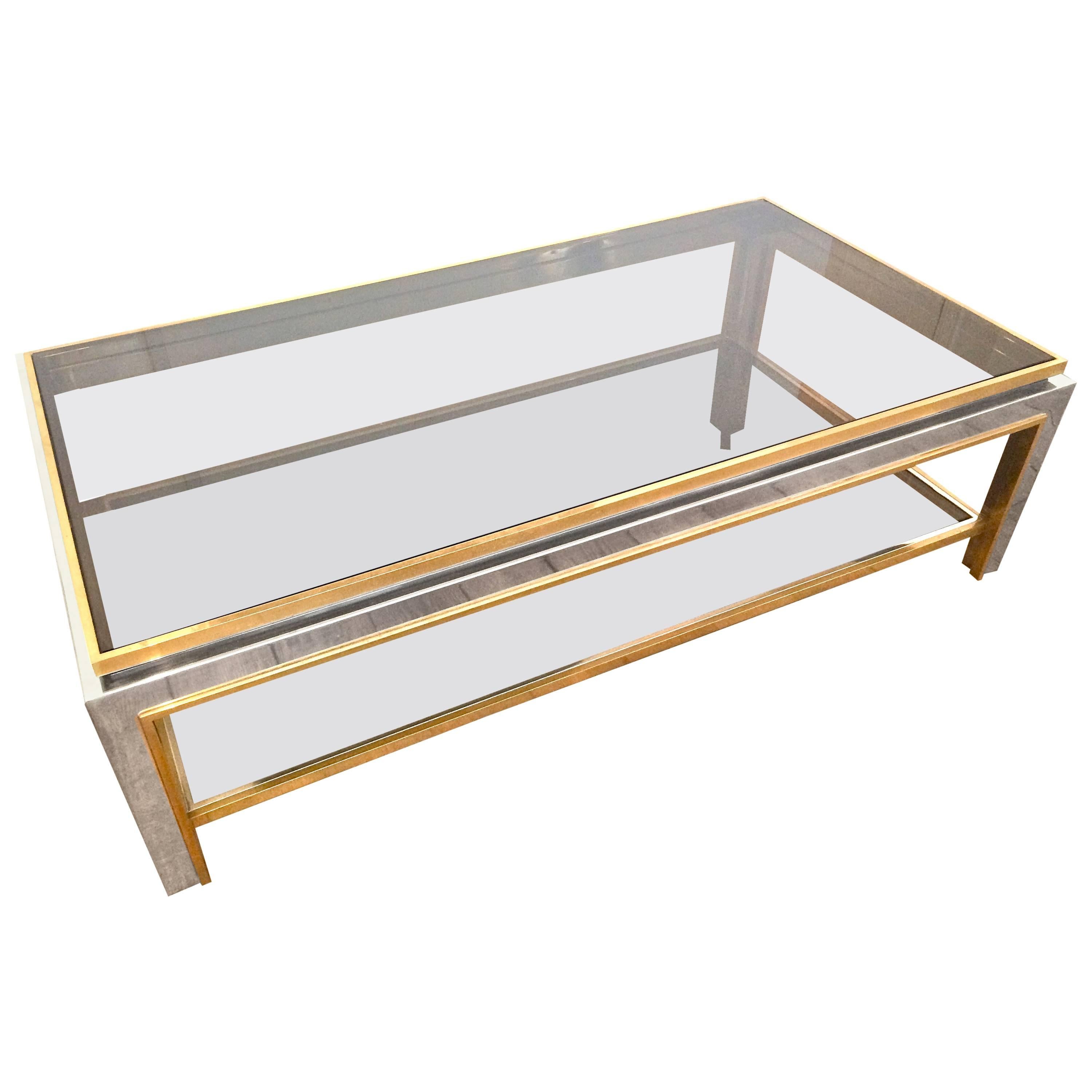 A Jean Charles 1970s polished chrome and brass Coffee Table with smoked glass 
