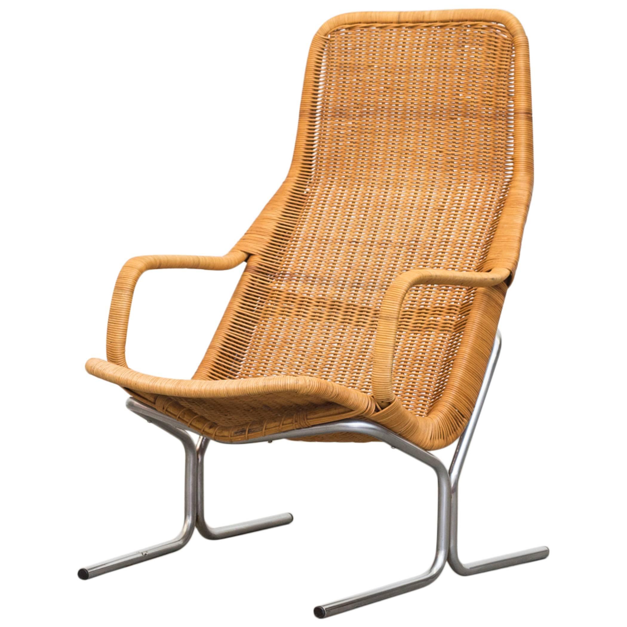 Dirk Van Sliedrecht Rattan Lounge Chair with Chrome Sled Leg