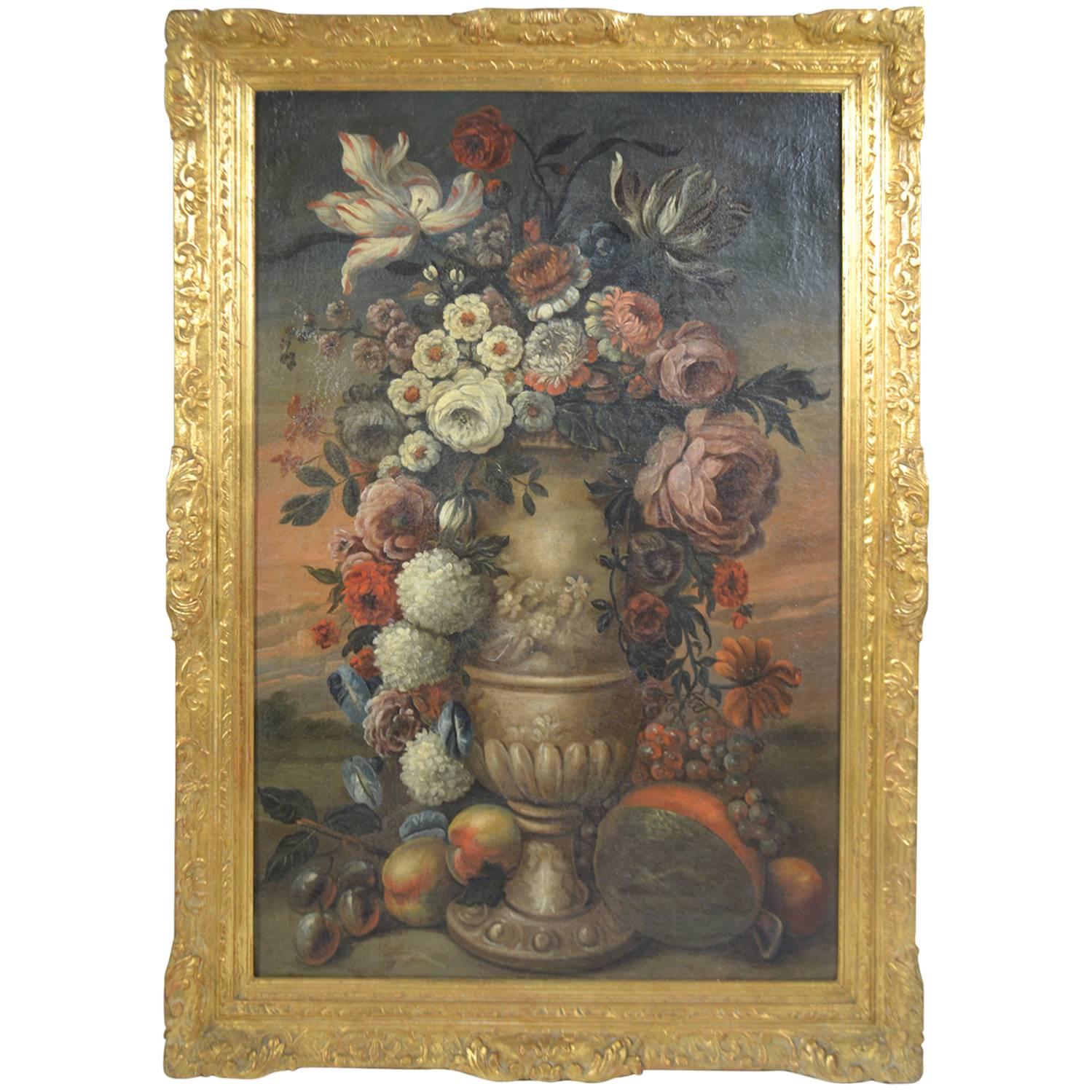 18th Century oil on canvas of a Baroque Urn with flowers
