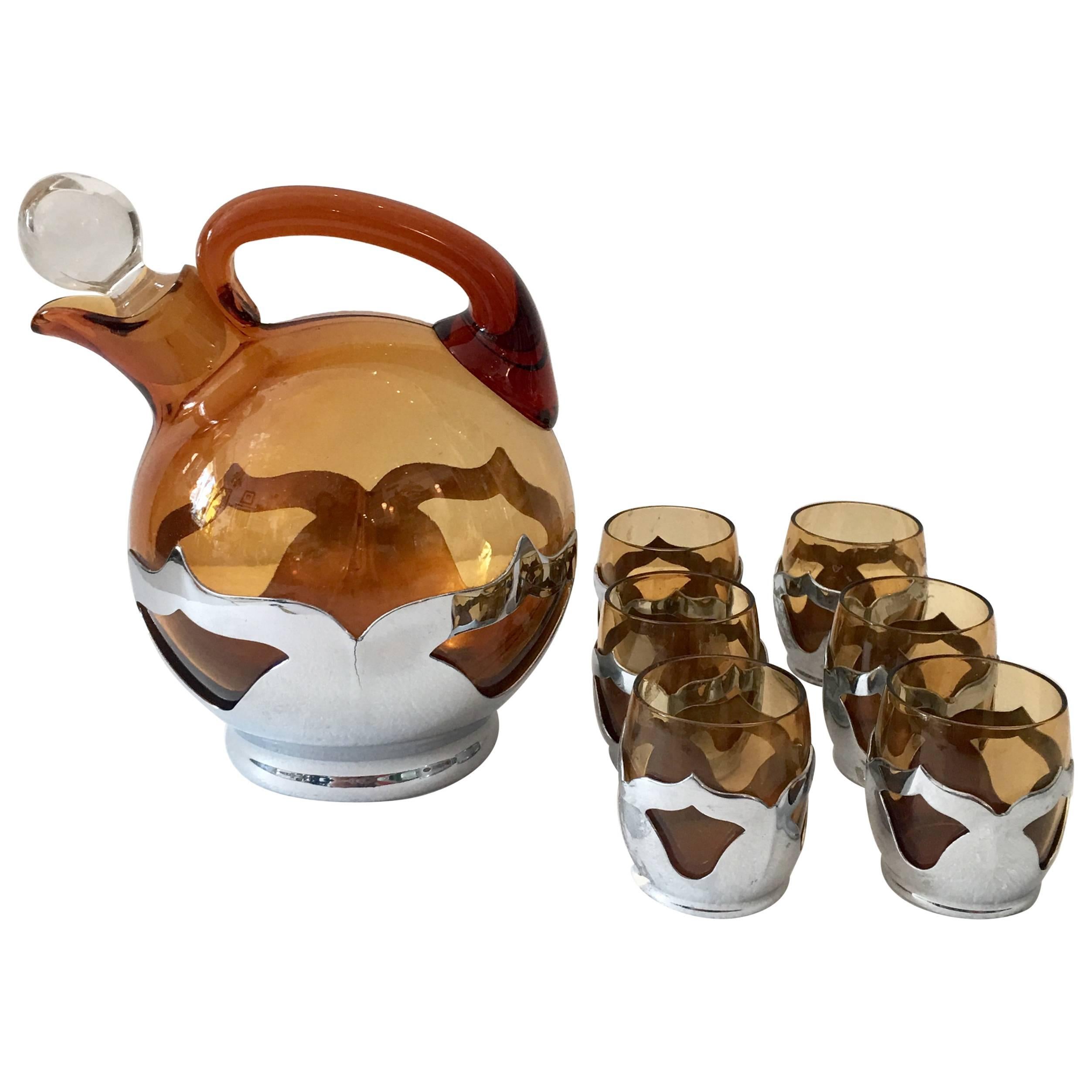 Art Deco Chrome and Amber Glass Drinks Set of Eight