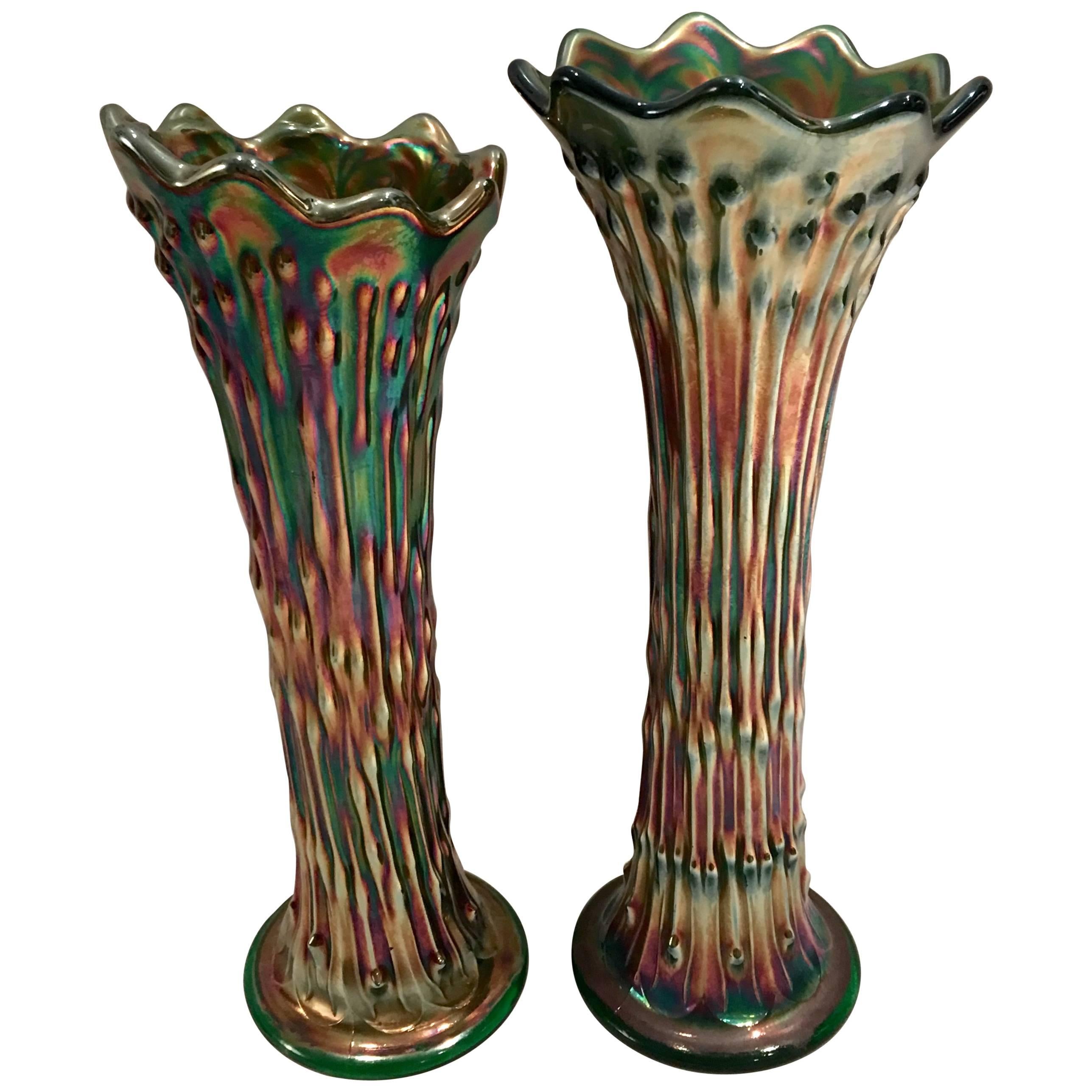 Antique Pair of Fenton Green Art Glass Vases