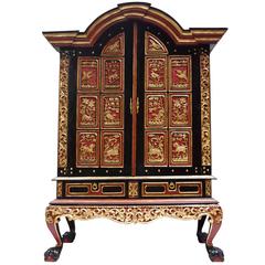 Large Indo-Dutch Black Red and Gold Lacquer Cabinet