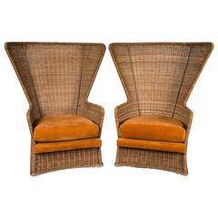 Pair of High Back 1960s Wicker Chairs