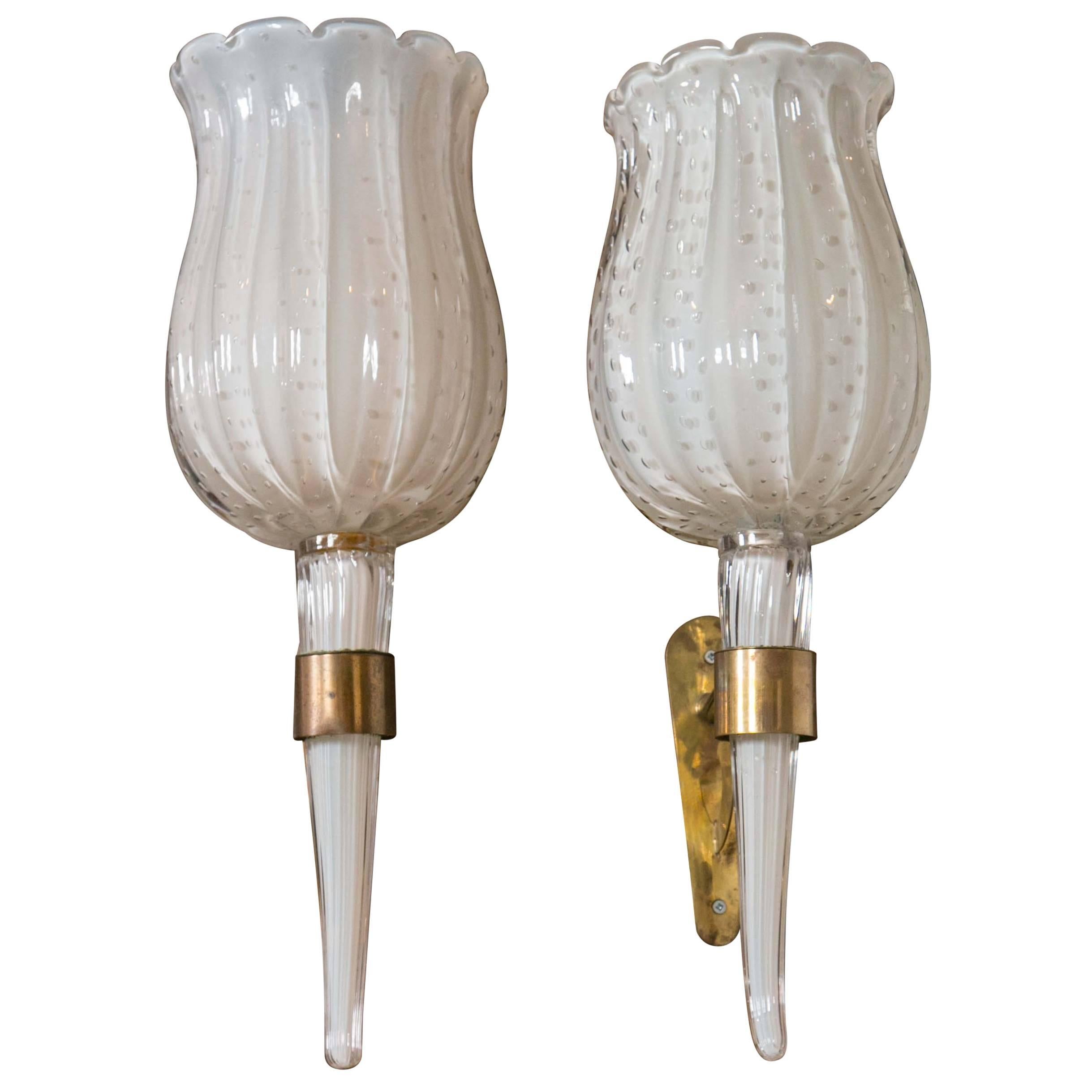 Pair of Large Barovier Venetian Glass Torchere Sconces