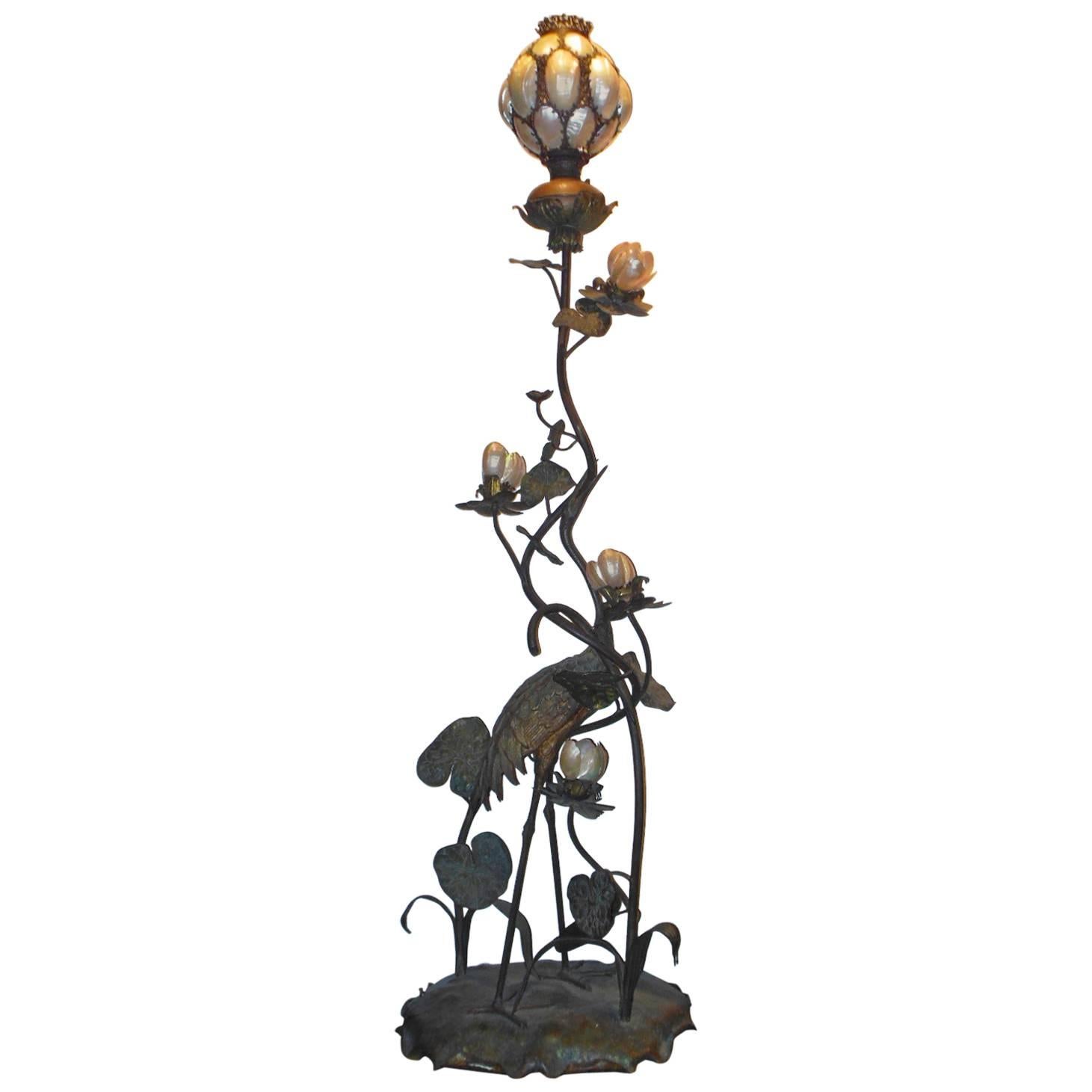 Vienna Austrian Bronze Figural Floor Lamp with Abalone Shells For Sale