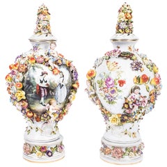 Vintage Pair Dresden Style Hand Painted Porcelain Vases