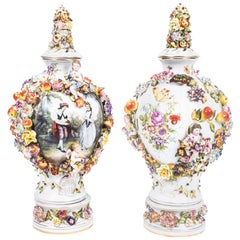 Pair Dresden Style Hand Painted Porcelain Vases