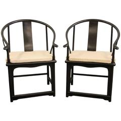 Pair of Late Black Lacquered Chinese Armchairs