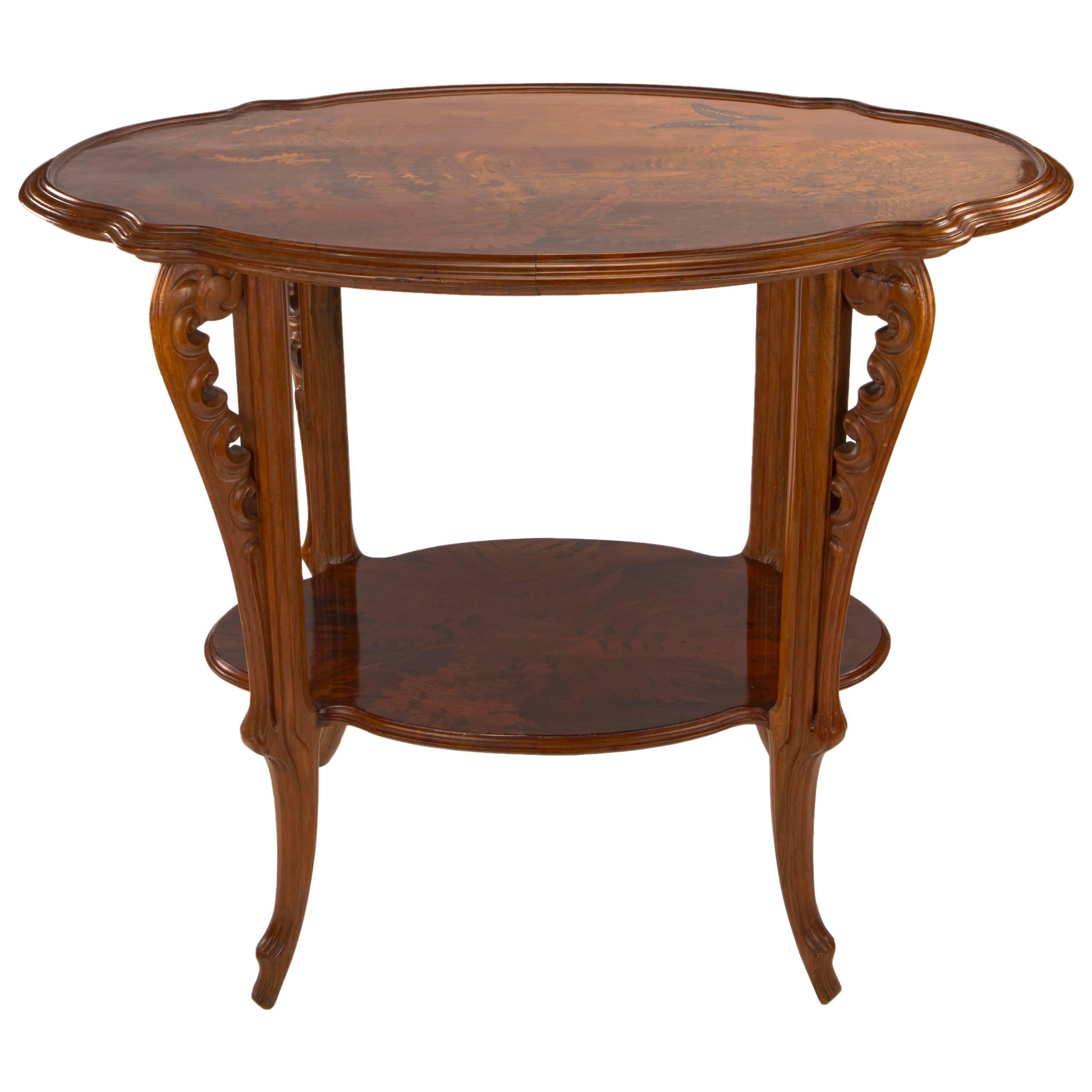 French Art Nouveau Carved and Inlaid Wood Marquetry Table by Emile Gallé For Sale