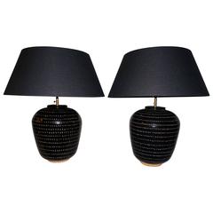 Hand-Painted Black with White Dots Vase Lamps, China, Contemporary
