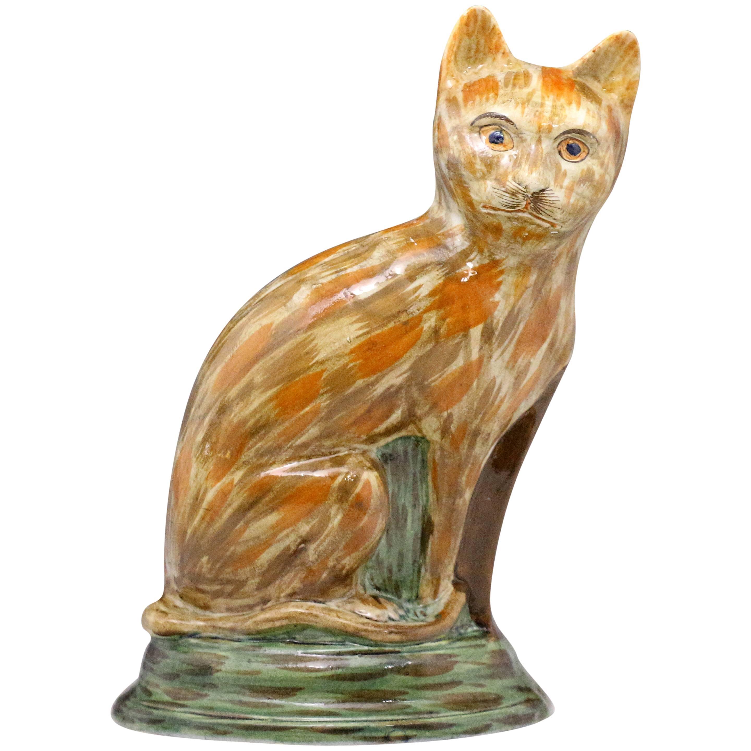 Antique Staffordshire Prattware Pottery Figure of a Seated Cat